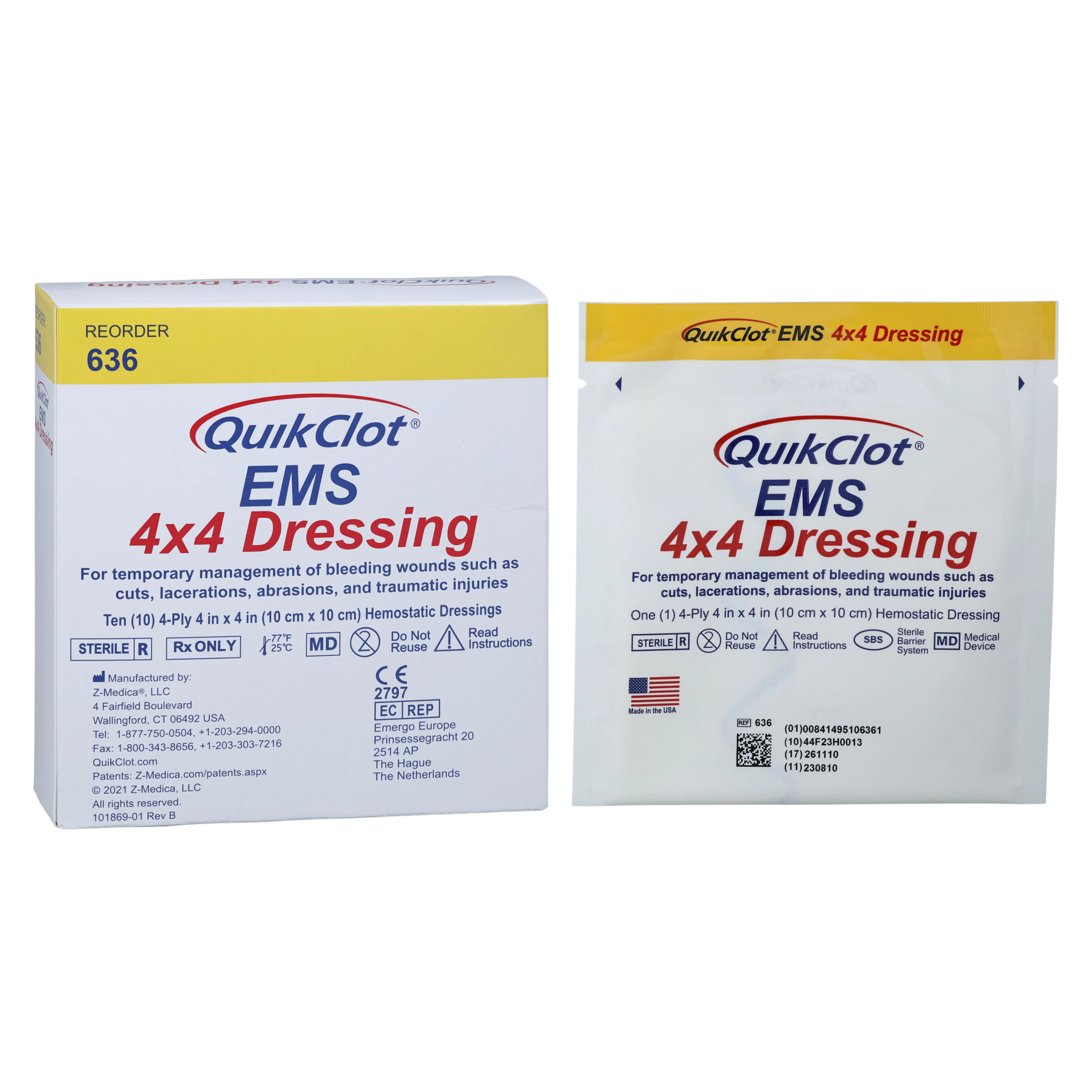 QuikClot EMS Hemostatic Gauze Dressing, 4x4" - Dressing Hemostatic QuikClot E - Image 1