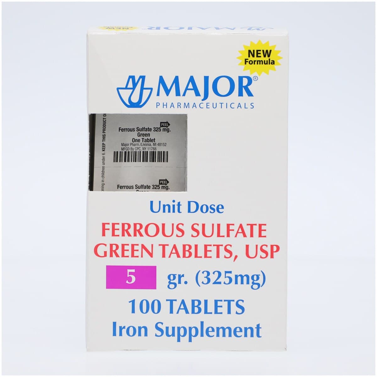 Ferrous Sulfate Tablets 325 mg (5 gr), Unit Dose, 100 Tablets/Box (10x10), Major Pharmaceuticals thumbnail 2