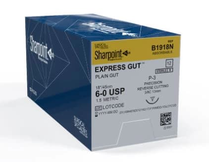 Sharpoint Plus Plain Gut Absorbable Suture, 6-0, 18", Monofilament, P-3 Precision Reverse Cutting 3/8 Circle Needle 13mm, Uncoated Natural, 12/Box - Suture Express PL Gut Absrb - Image 1