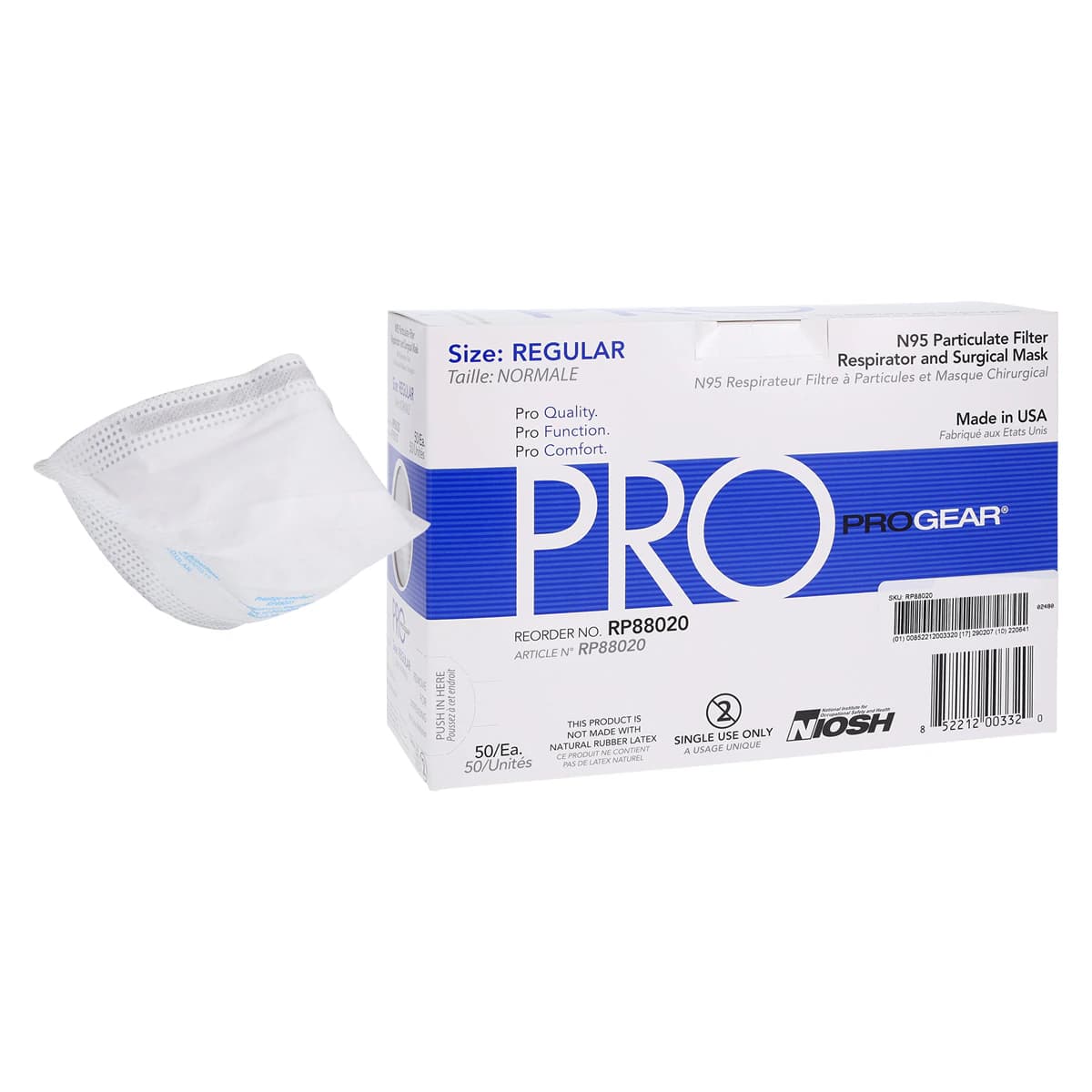 ProGear N95 Particulate Filter Respirator & Surgical Mask, ASTM Level 3, Regular/Universal, White, 50/Box, RP88020 thumbnail 2