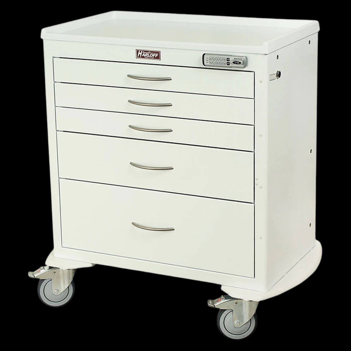 Harloff M-Series Emergency Crash Cart, White, 5 Drawer, Electronic Keypad Lock, 22x36.75x37.25" - Cart Crash M-Ser White 5Drw - Image 1