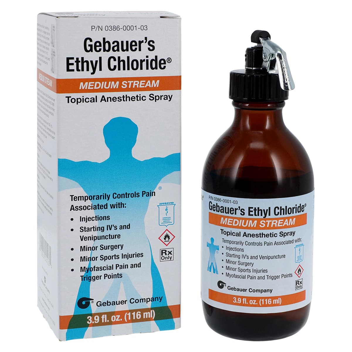 Gebauer Ethyl Chloride Topical Spray, Medium Stream, 3.9 oz Glass Bottle, 4/Package - Ethyl Chloride Med Spray Glass - Image 1