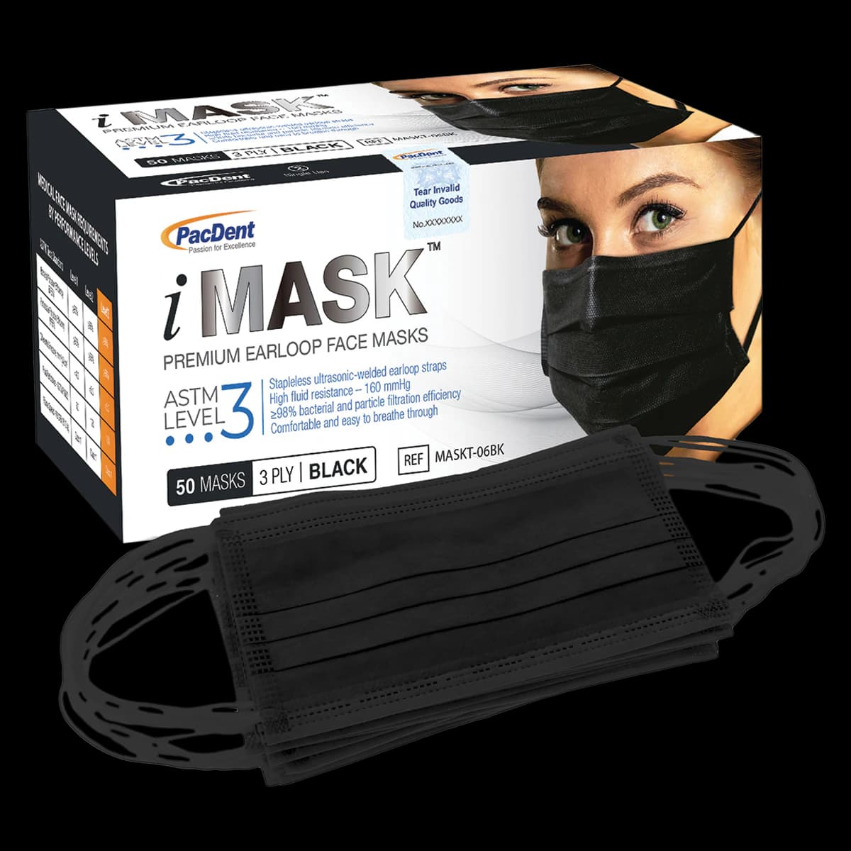 iMask™ Premium Earloop Face Mask, ASTM Level 3, Black, 50/Box thumbnail 2