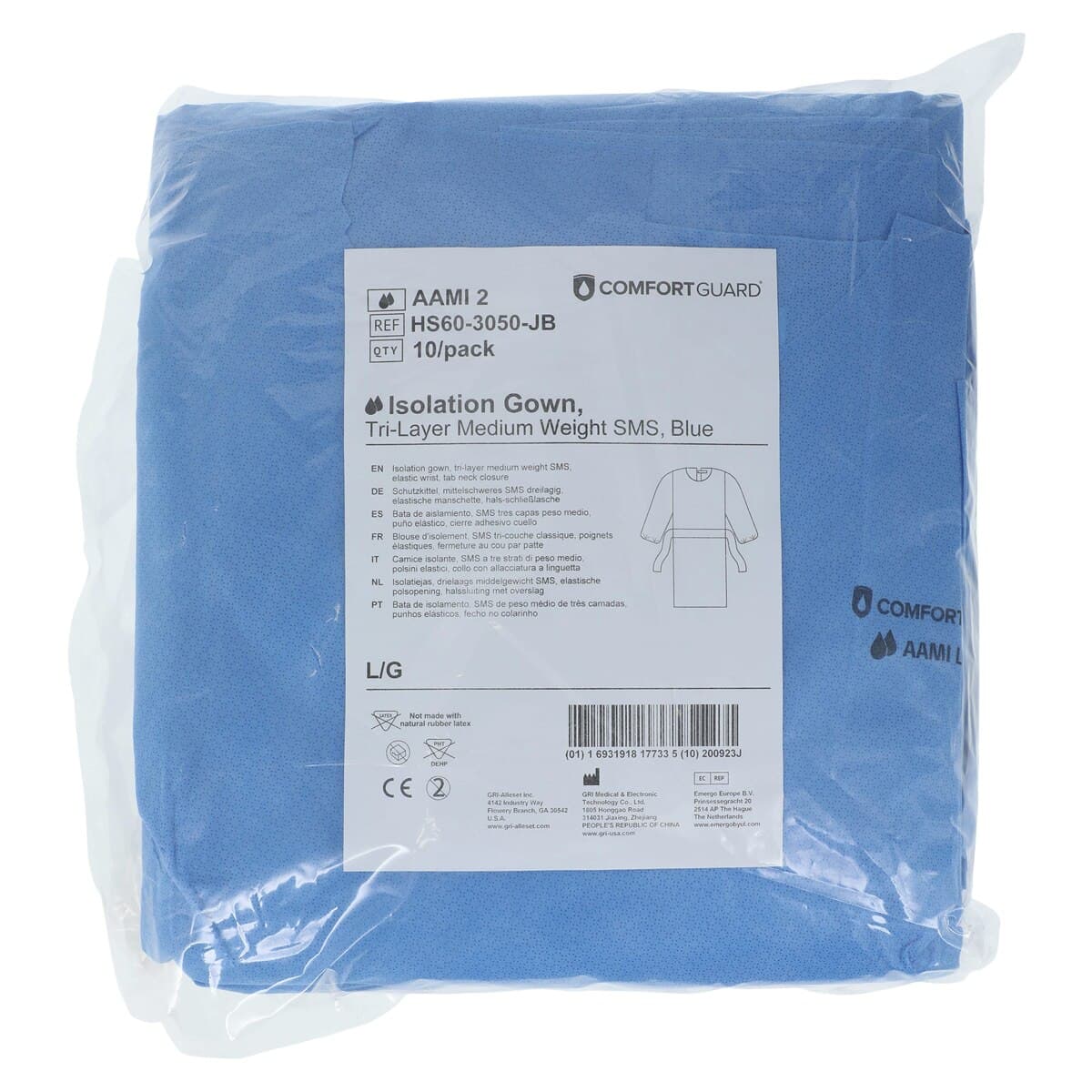ComfortGuard Disposable Isolation Gown, AAMI Level 2, SMS, Large, Blue, Knee Length, Non-Sterile, 10/Bag thumbnail 6