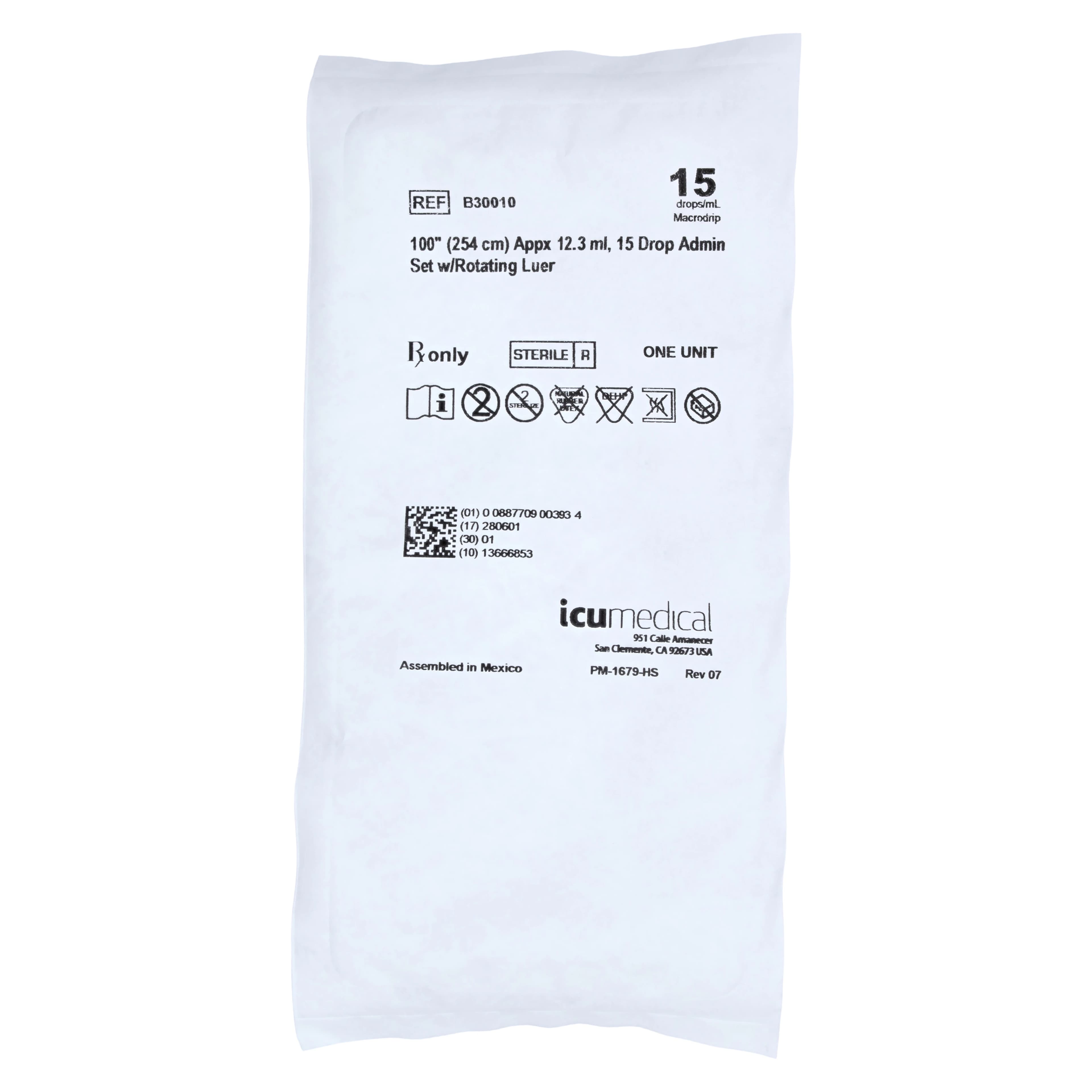 ICU Medical IV Administration Set, 15 Drops/mL, 100" Tubing, Rotating Luer Lock, 50/Case - Set Admin IV 100" Rotat Luer - Image 1