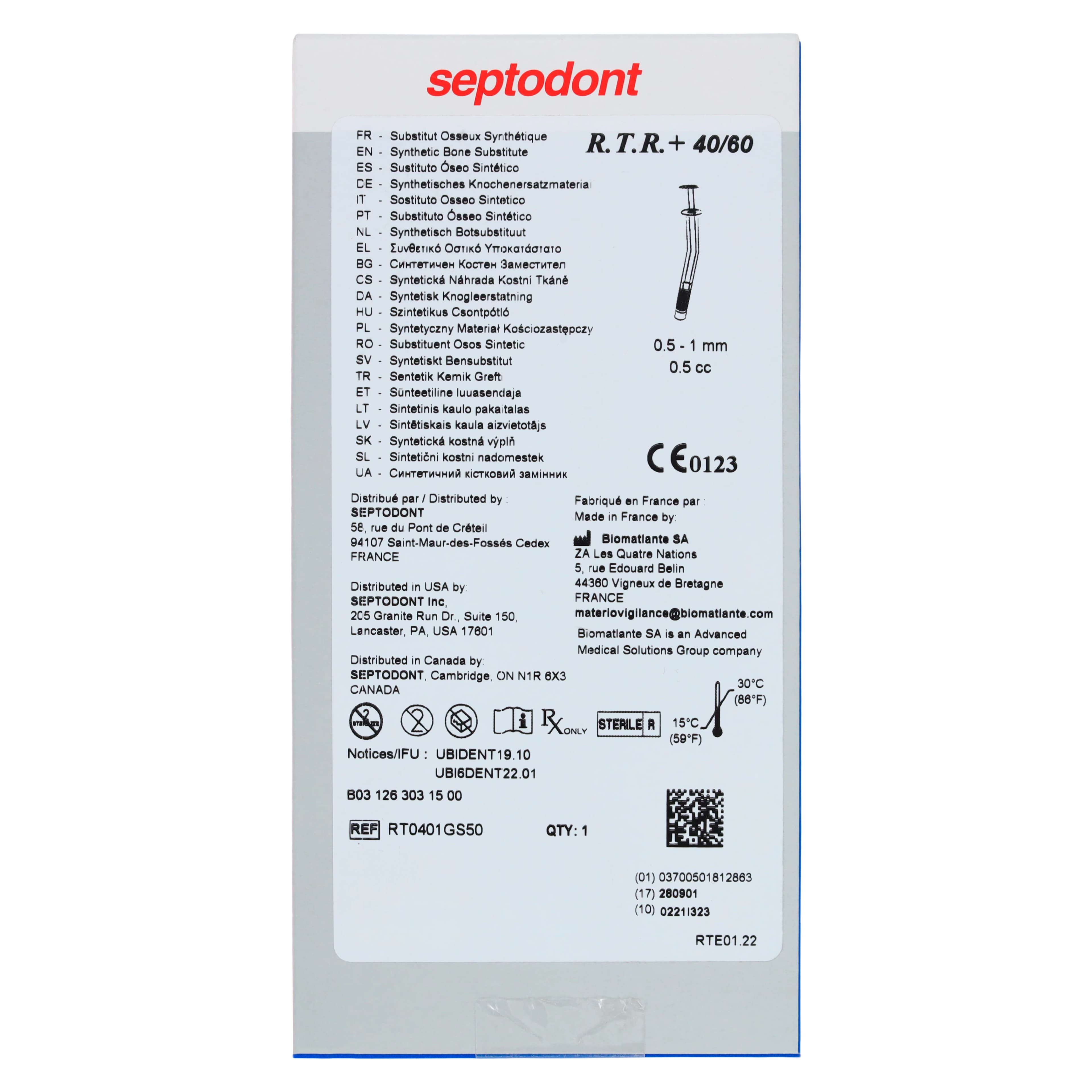 Septodont R.T.R.+ 40/60 Biphasic Synthetic Bone Grafting Material, 0.5cc Syringe, 01S0540 thumbnail 5