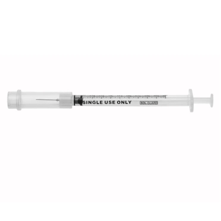 Sol-Millennium Safety Syringe with Needle, 25G x 1", 1 mL, Low Dead Space, 25/Box - Syringe Flu Tray 1ml - Image 1