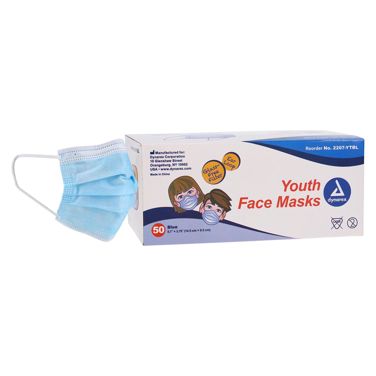 Dynarex Face Mask Youth with Ear Loop, Blue, Disposable, Non-ASTM Rated, Latex-Free, 50/Box - Face Mask Youth w/EarLoop Blue - Image 1
