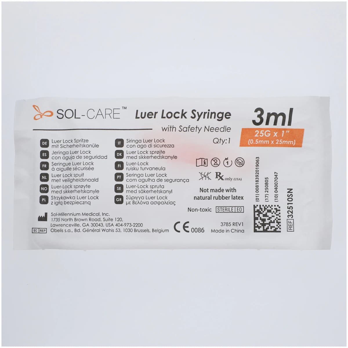 Sol-Care Safety Syringe with Needle, 3mL, 25G x 1", Bevel UP, Low Dead Space, 50/Box thumbnail 4