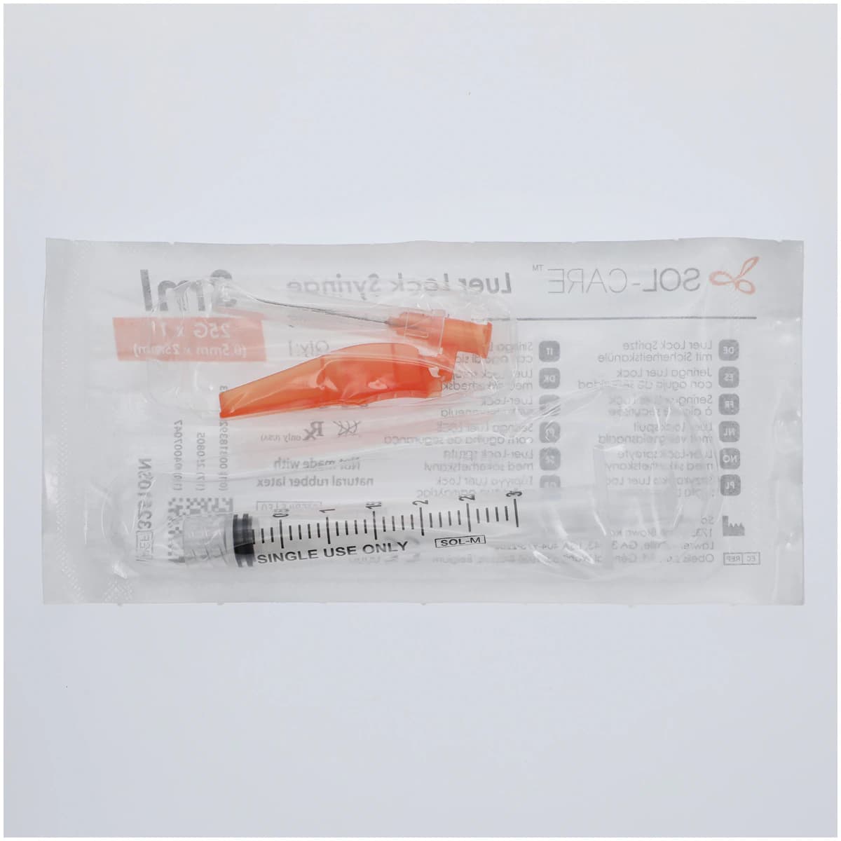 Sol-Care Safety Syringe with Needle, 3mL, 25G x 1", Bevel UP, Low Dead Space, 50/Box thumbnail 5
