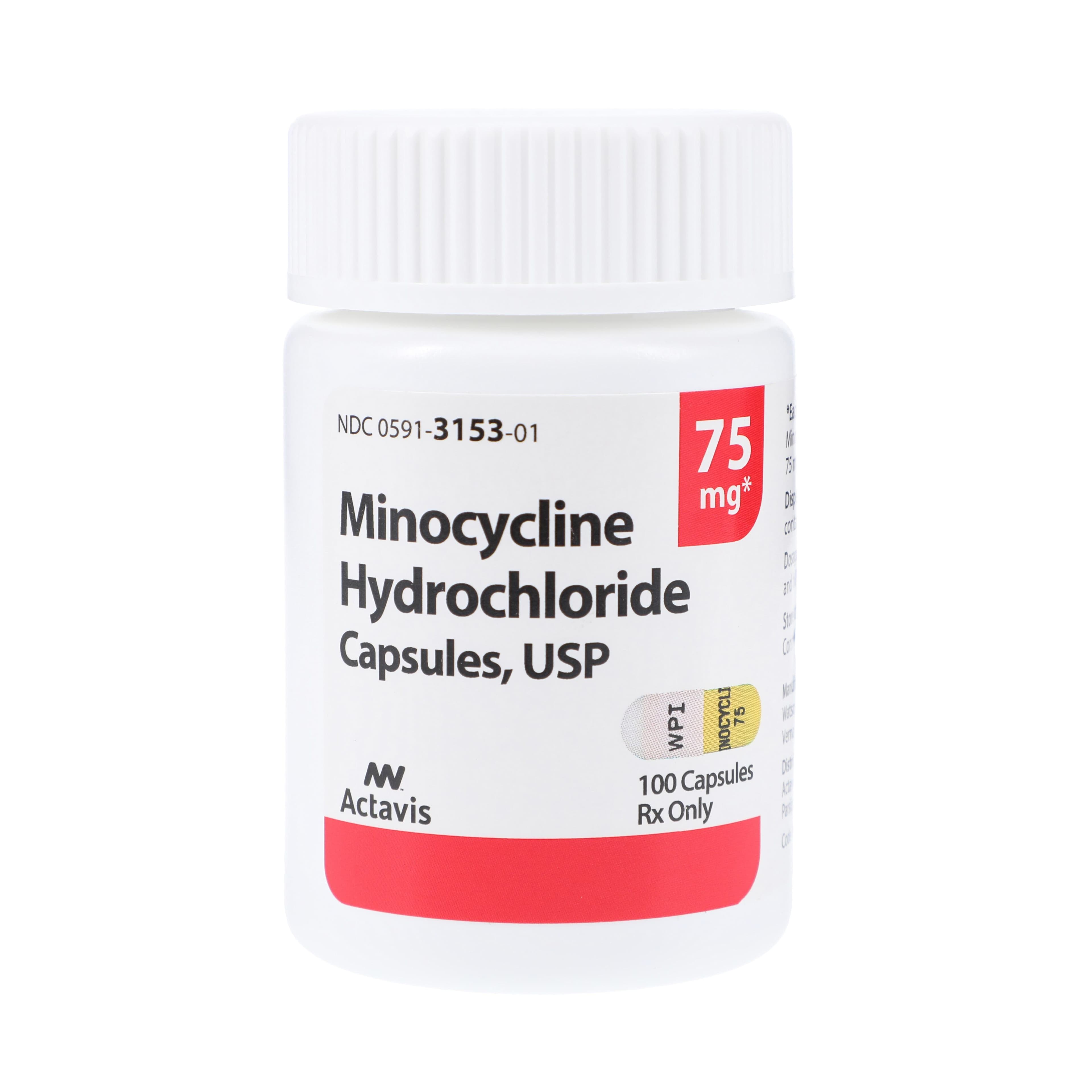 Minocycline HCl Capsules, 75 mg, 100/Bottle, Teva Pharmaceuticals - Minocycline HCl Capsules - Image 1
