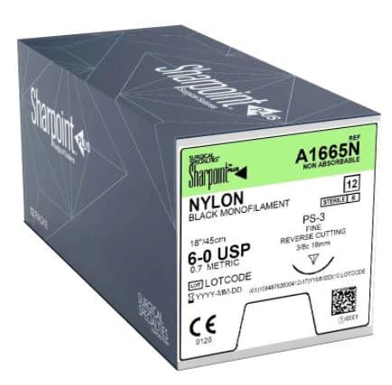 Sharpoint Suture Nylon Monofilament 6-0, 45cm, PS-3 Precision Reverse Cutting 3/8 Circle Needle 16mm, Black, 12/Box - Suture Nylon 6-0 Black PS-3 - Image 1