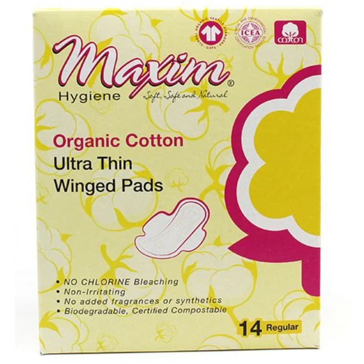 Maxim Hygiene Organic Cotton Ultra Thin Sanitary Pads, Winged, Regular, Fragrance Free, 14/Box - Orgnc Cttn UT Pads Winged - Image 1