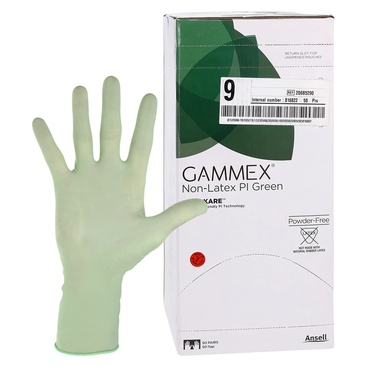 Gammex® PI Green Non-Latex Polyisoprene Surgical Gloves, Sterile, Powder Free, Fitted Size 9, Green, 50 Pairs/Box thumbnail 2