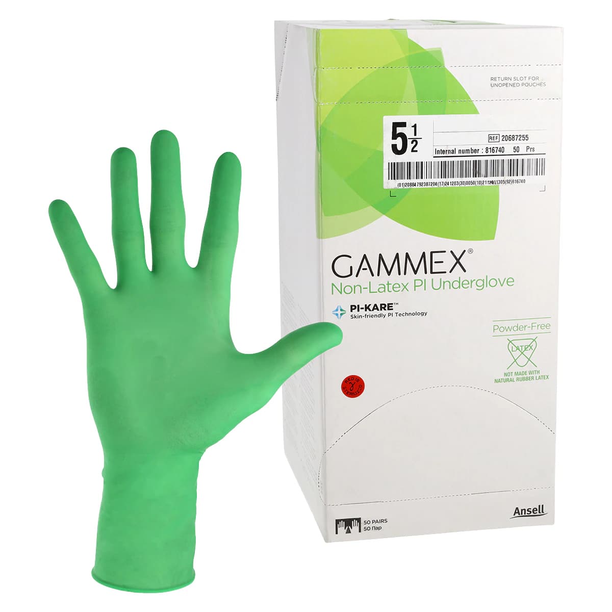 Gammex Non-Latex PI Micro Polyisoprene Surgical Gloves, Size 5.5, Sterile, Powder-Free, Green, 50 Pairs/Box - Gammex Non-Latex PI Micro Polyisoprene Surgical Gloves: size 5-1/2, Sterile - Image 1