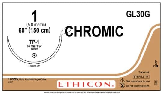 Ethicon Chromic Gut Surgical Suture, Size 1, 60" Loop, TP-1 Taper Point 1/2 Circle Needle, 12/Box, GL30G - ETHICON SURGICAL GUT SUTURE - CHROMIC GL30G - Image 1