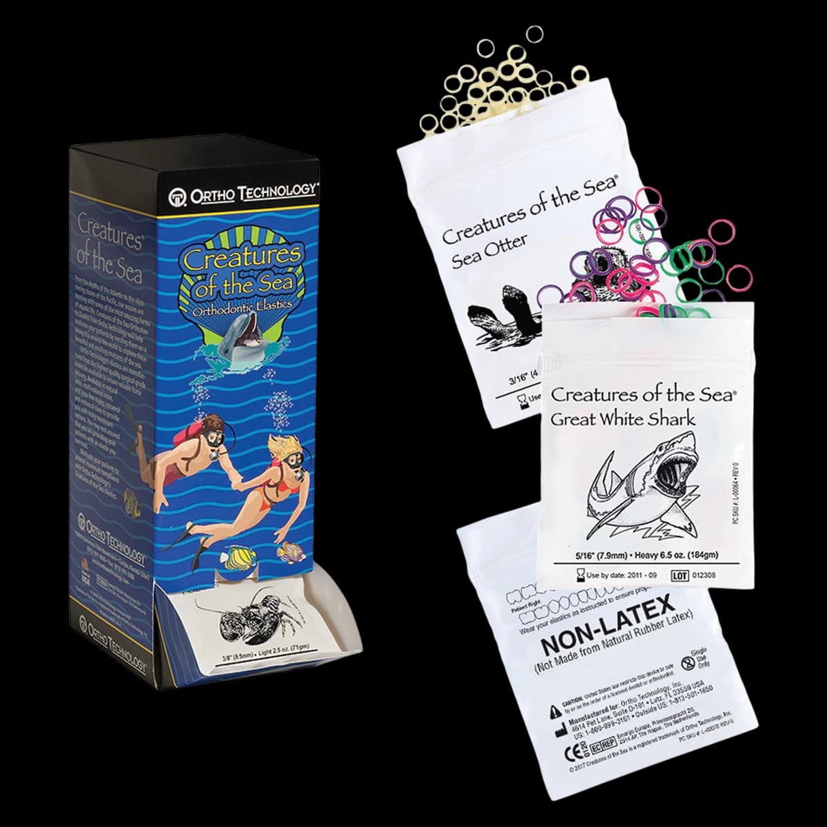 Ortho Technology Creatures of the Sea Non-Latex Elastics, Medium Force, 1/8", Manta Ray, 5000/Box, 500-201LF - Non-Latex, Medium, 1/8", 50 Pkg./Box, MantaRay, 500-201LF - Image 1