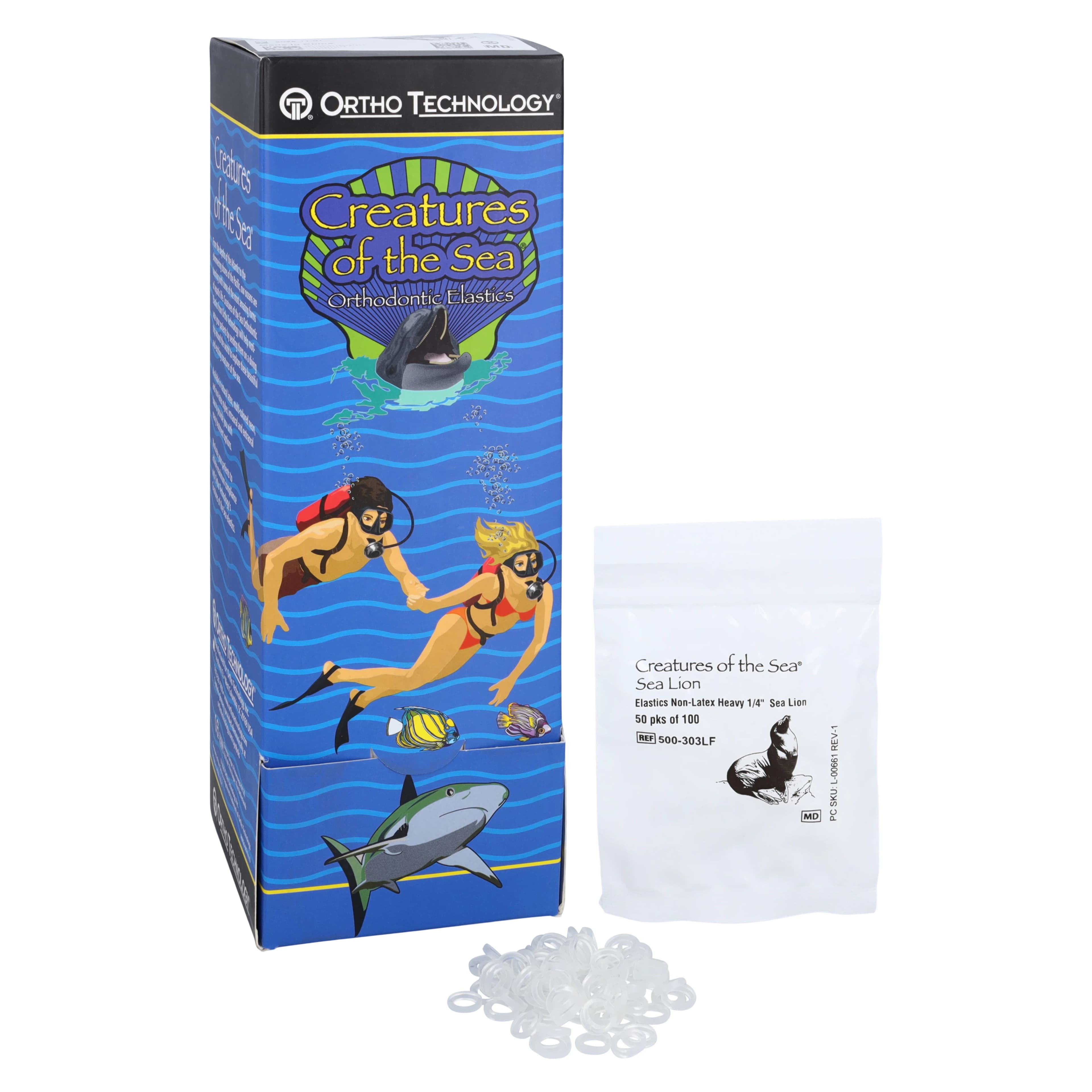 Ortho Technology Creatures of the Sea Non-Latex Elastics, Sea Lion, 1/4" Heavy, 5000/Box, 500-303LF - Non-Latex, Heavy, 1/4", 50 Pkg./Box, SeaLion, 500-303LF - Image 1