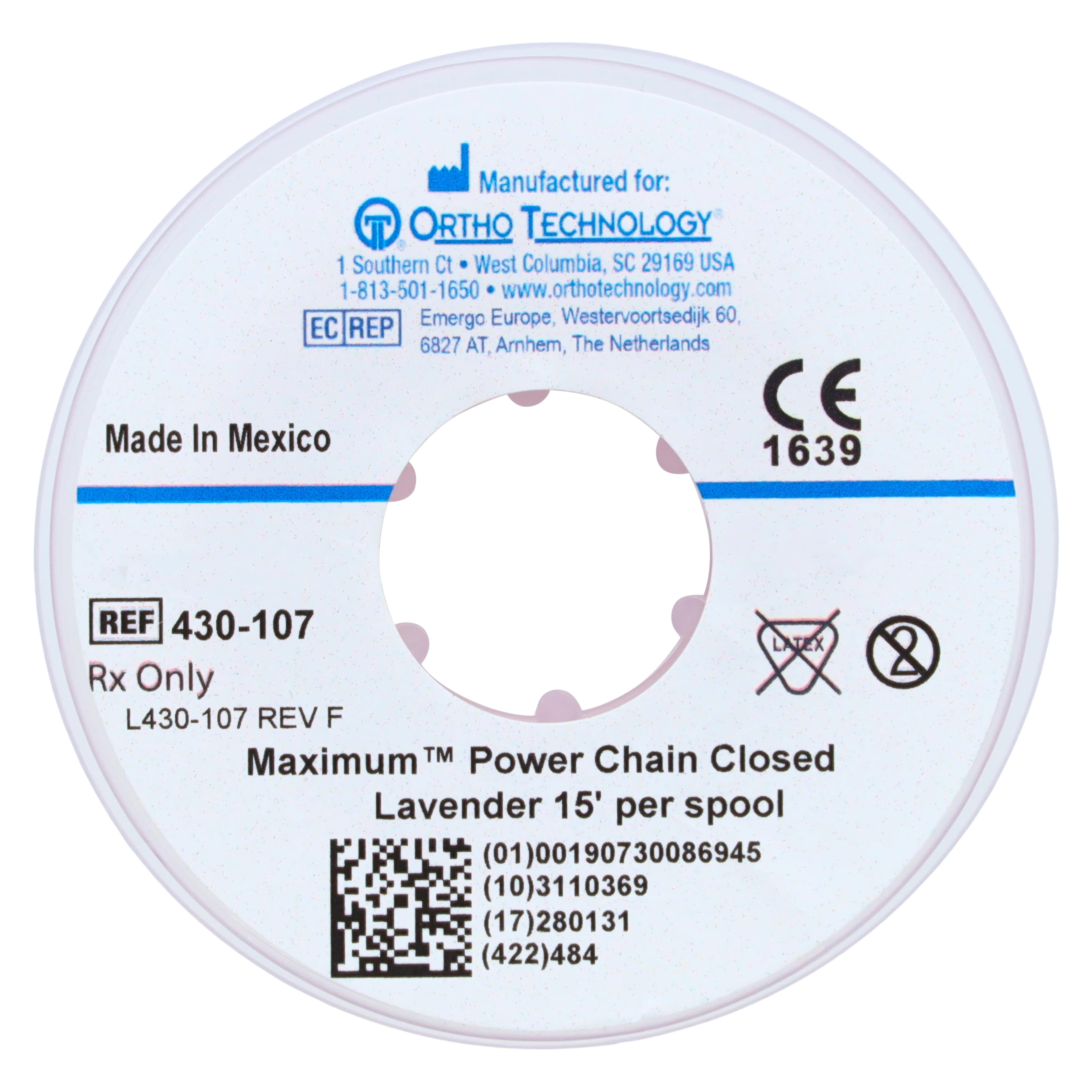 Ortho Technology Maximum Closed Power Chain on Spools, 15 Feet, Lavender, Latex-Free, 430-107 thumbnail 2