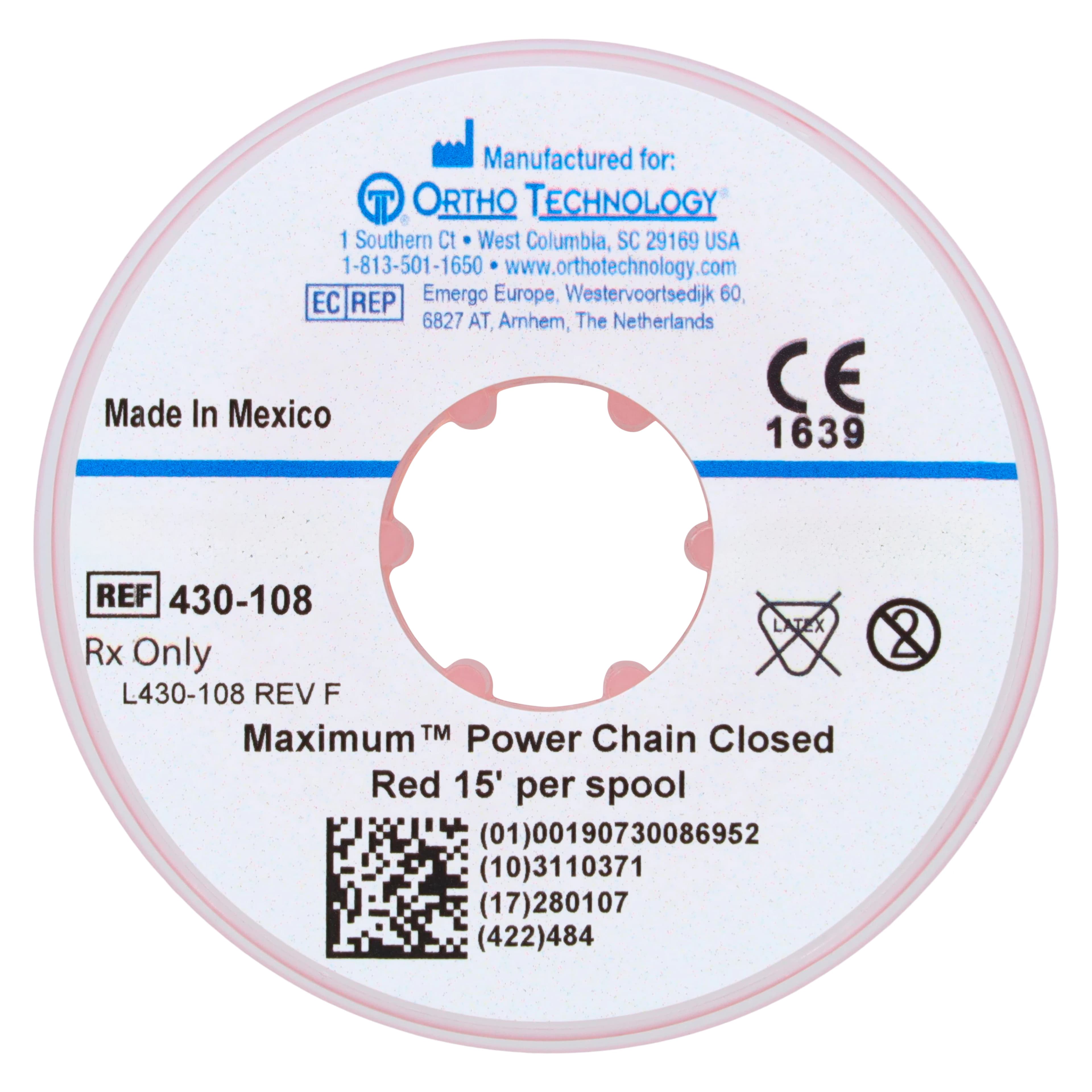Ortho Technology Maximum Closed Power Chain on Spools, Red, 15 ft, 430-108 thumbnail 2