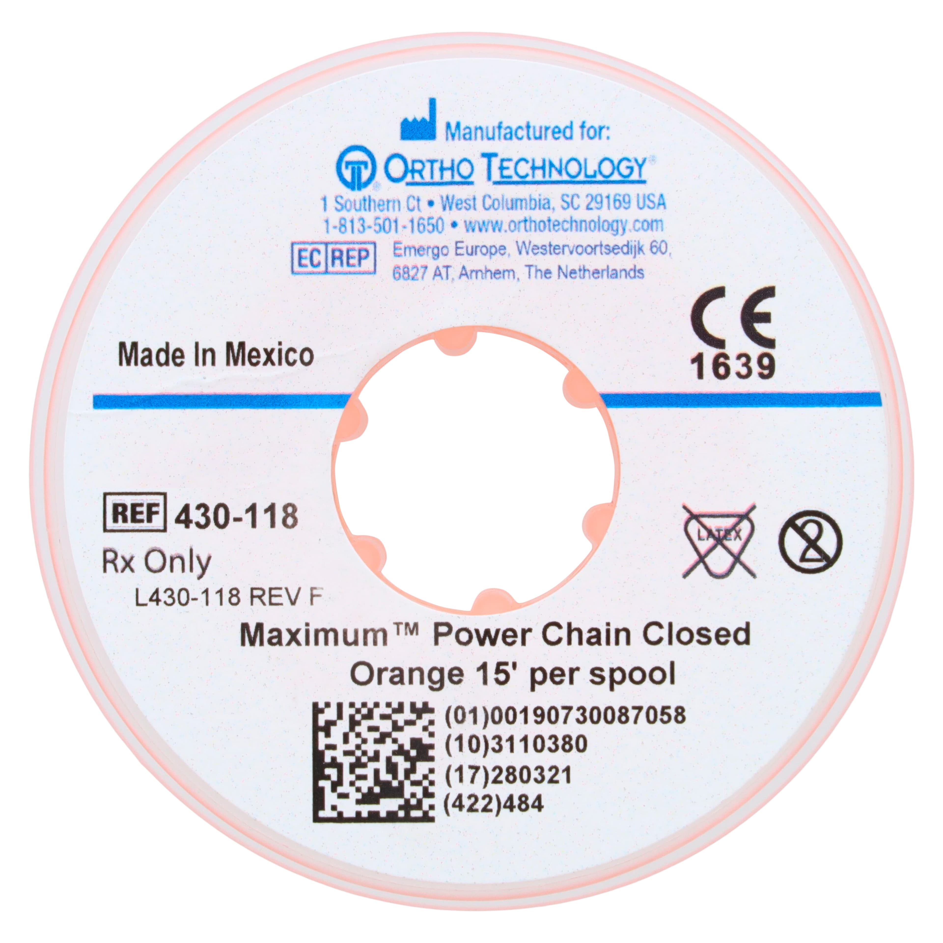 Ortho Technology Maximum Closed Power Chain on Spools, 15 Feet, Orange, 430-118 thumbnail 2