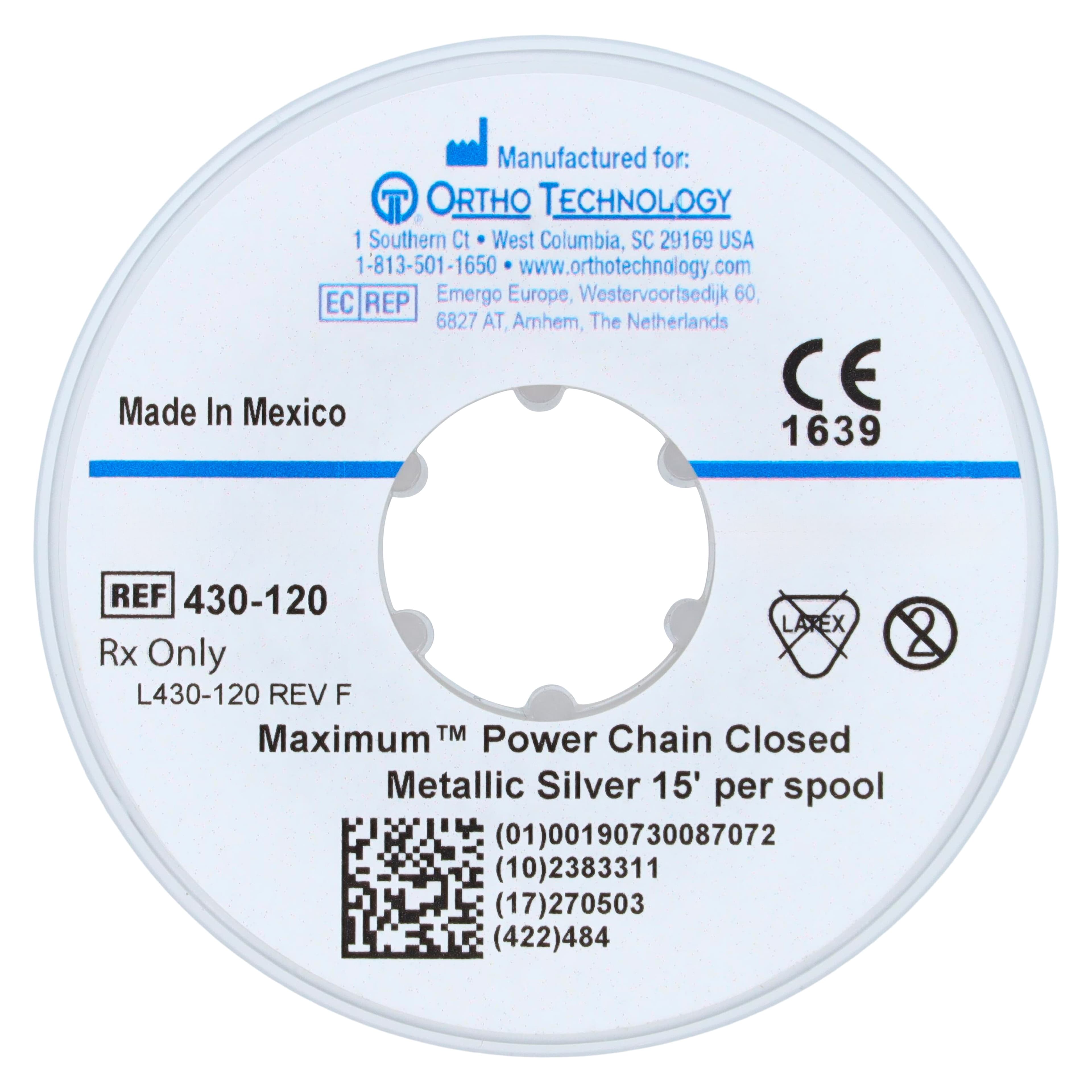 Ortho Technology Maximum Power Chain, Closed, Metallic Silver, 15 ft Spool, Latex-Free thumbnail 2