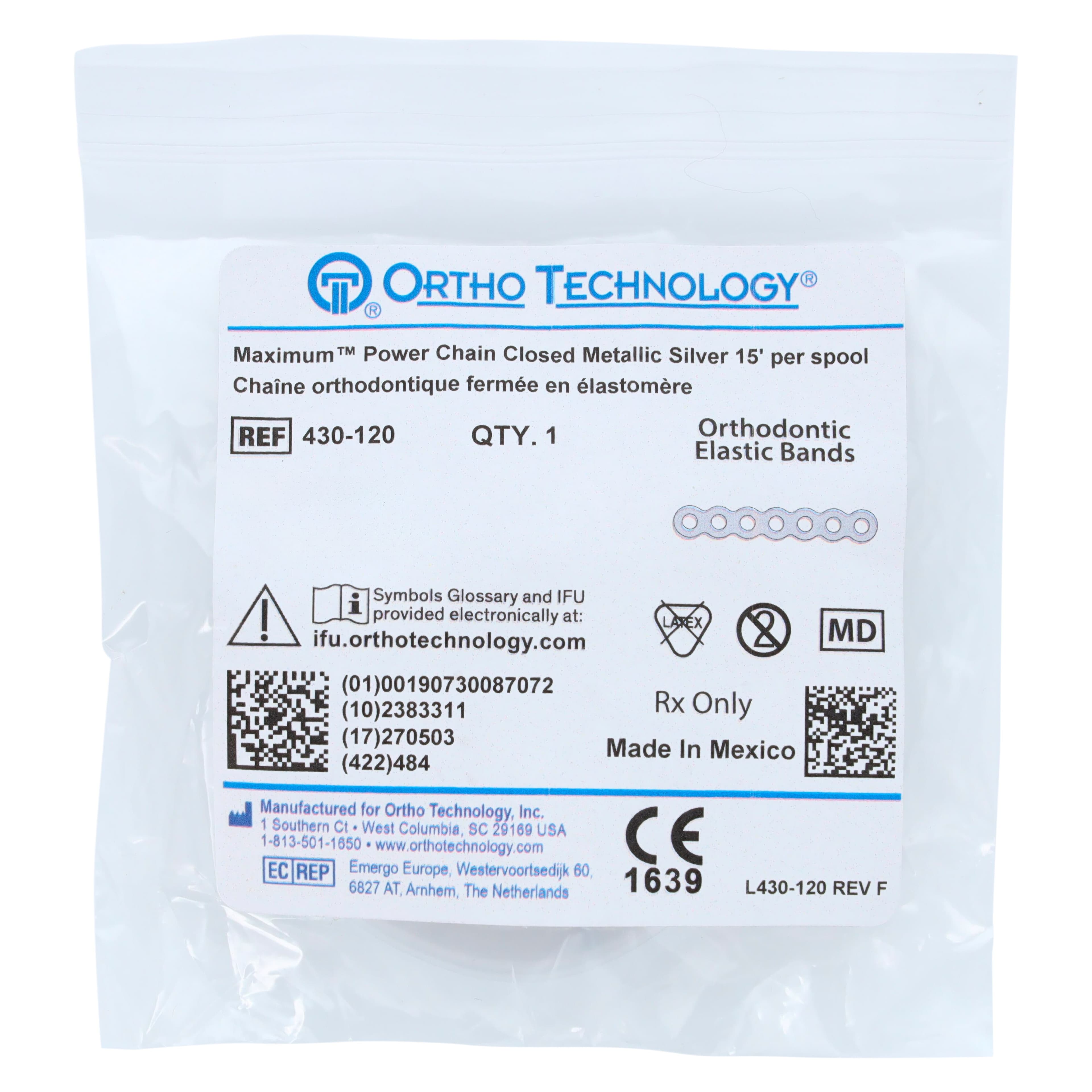 Ortho Technology Maximum Power Chain, Closed, Metallic Silver, 15 ft Spool, Latex-Free thumbnail 3