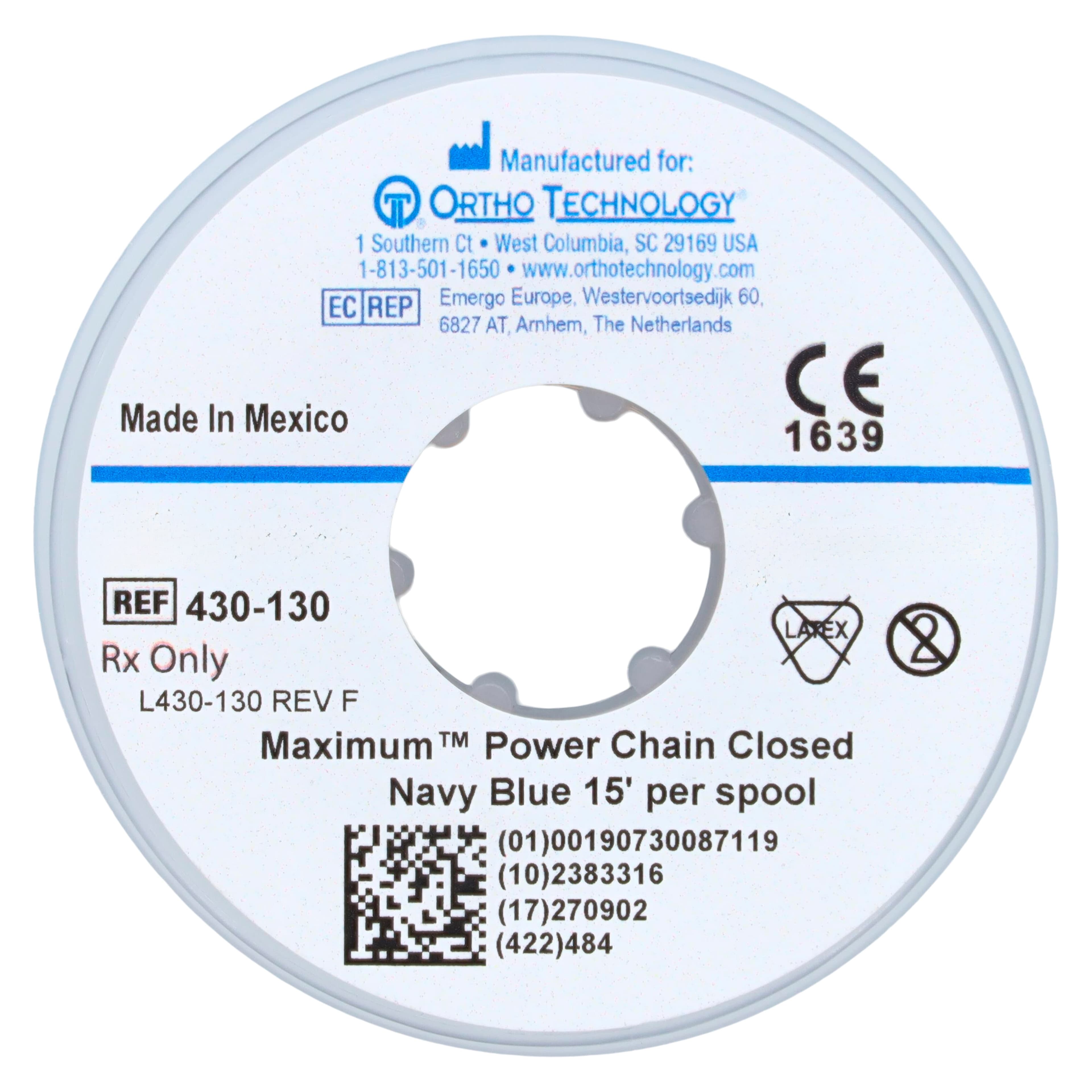 Ortho Technology Maximum Closed Power Chain on Spools, Navy Blue, 15 ft, Latex-Free, 430-130 thumbnail 2
