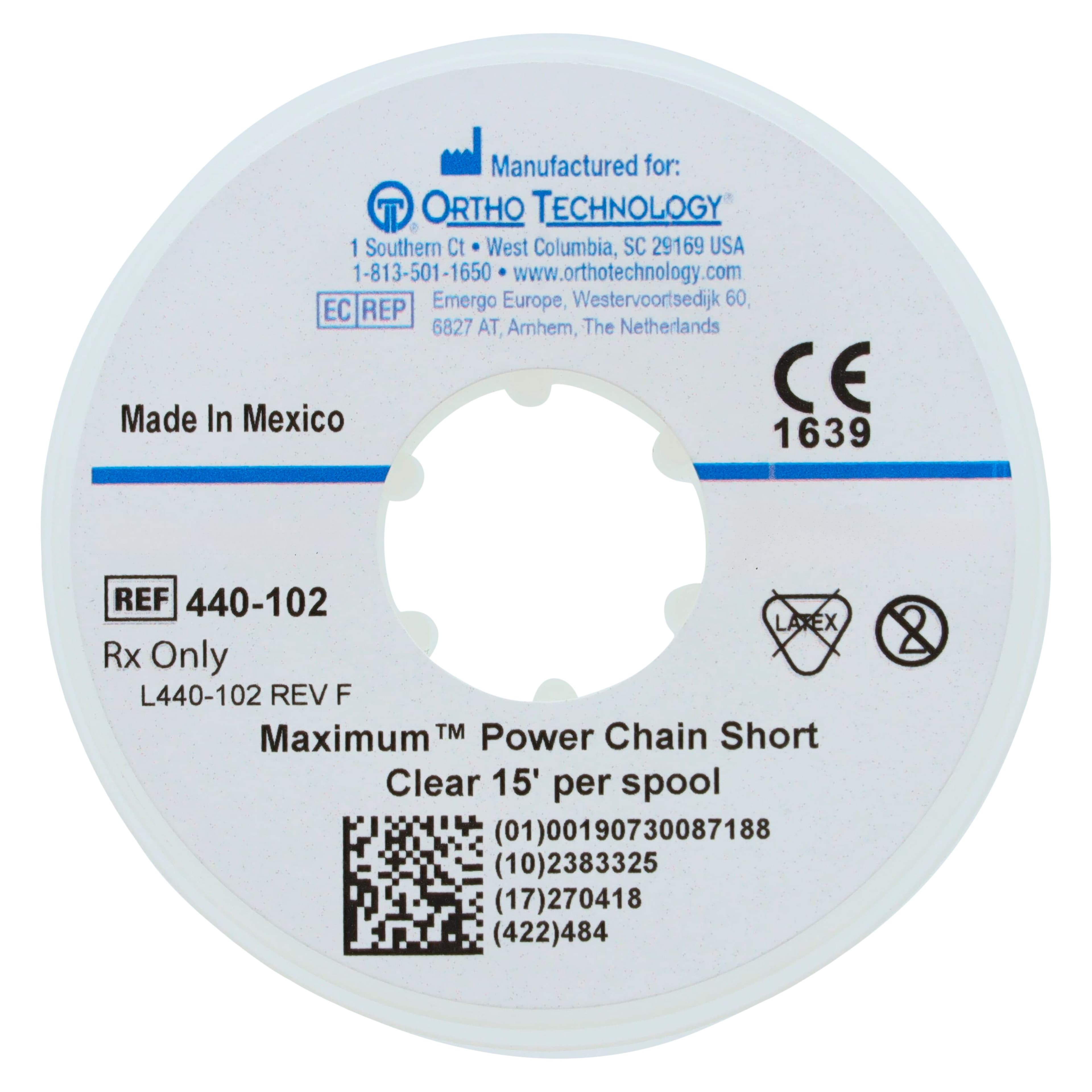 Ortho Technology Maximum Short Power Chain on Spools, 15' Spool, Clear, 440-102 thumbnail 2