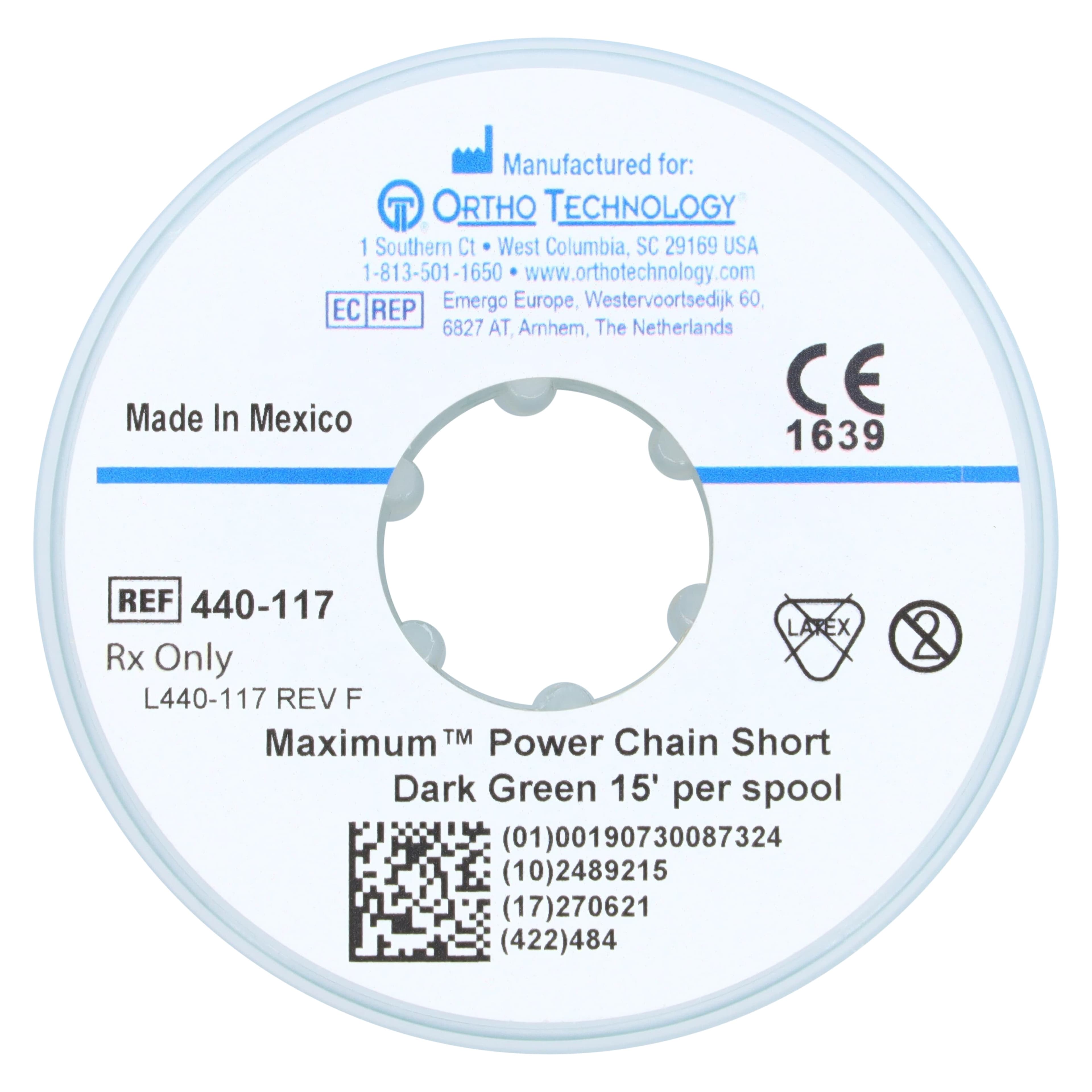 Ortho Technology Maximum Short Power Chain on Spools, 15' Spool, Dark Green, Latex-Free, 440-117 thumbnail 2