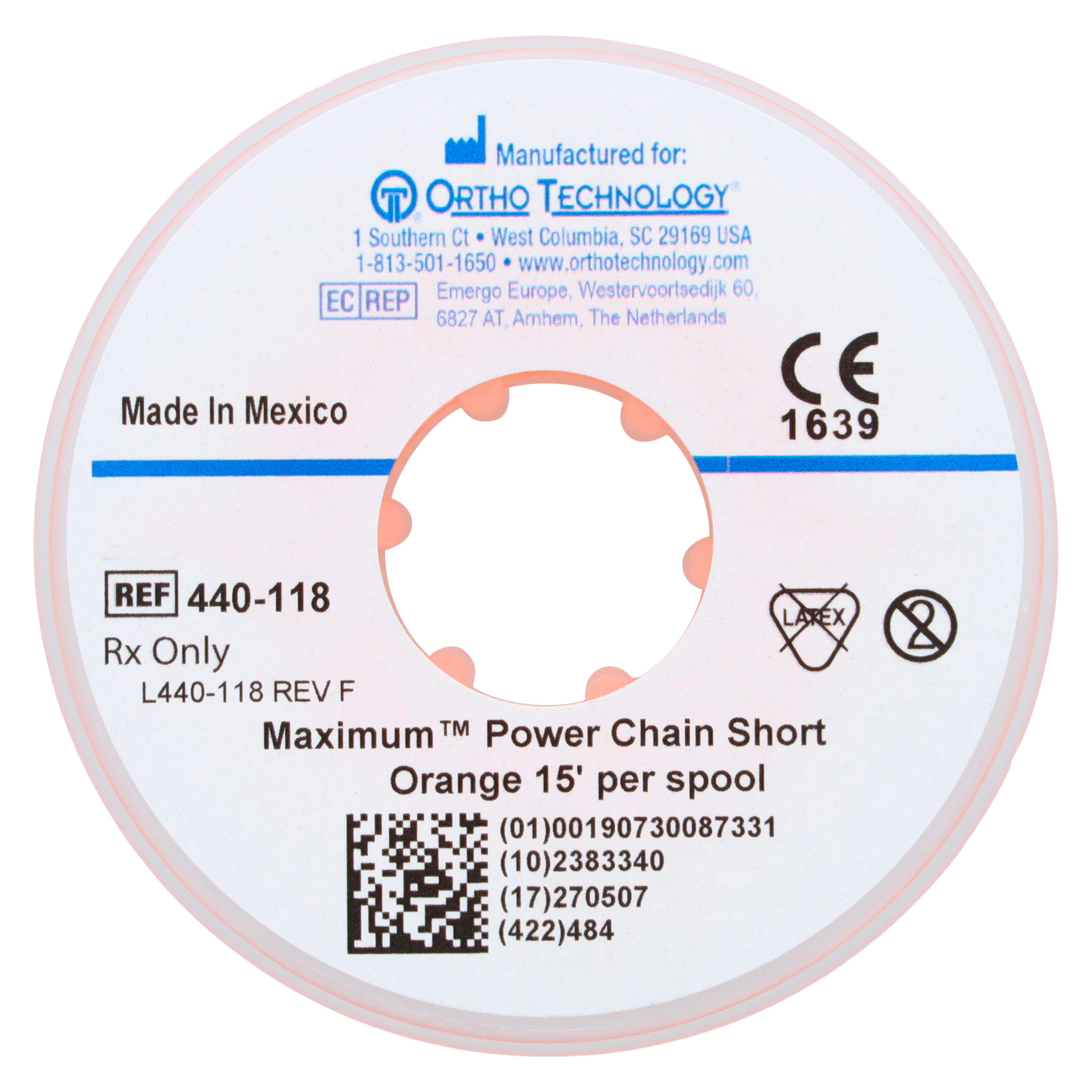 Ortho Technology Maximum Short Power Chain on Spools, 15' Spool, Orange, 440-118 thumbnail 2