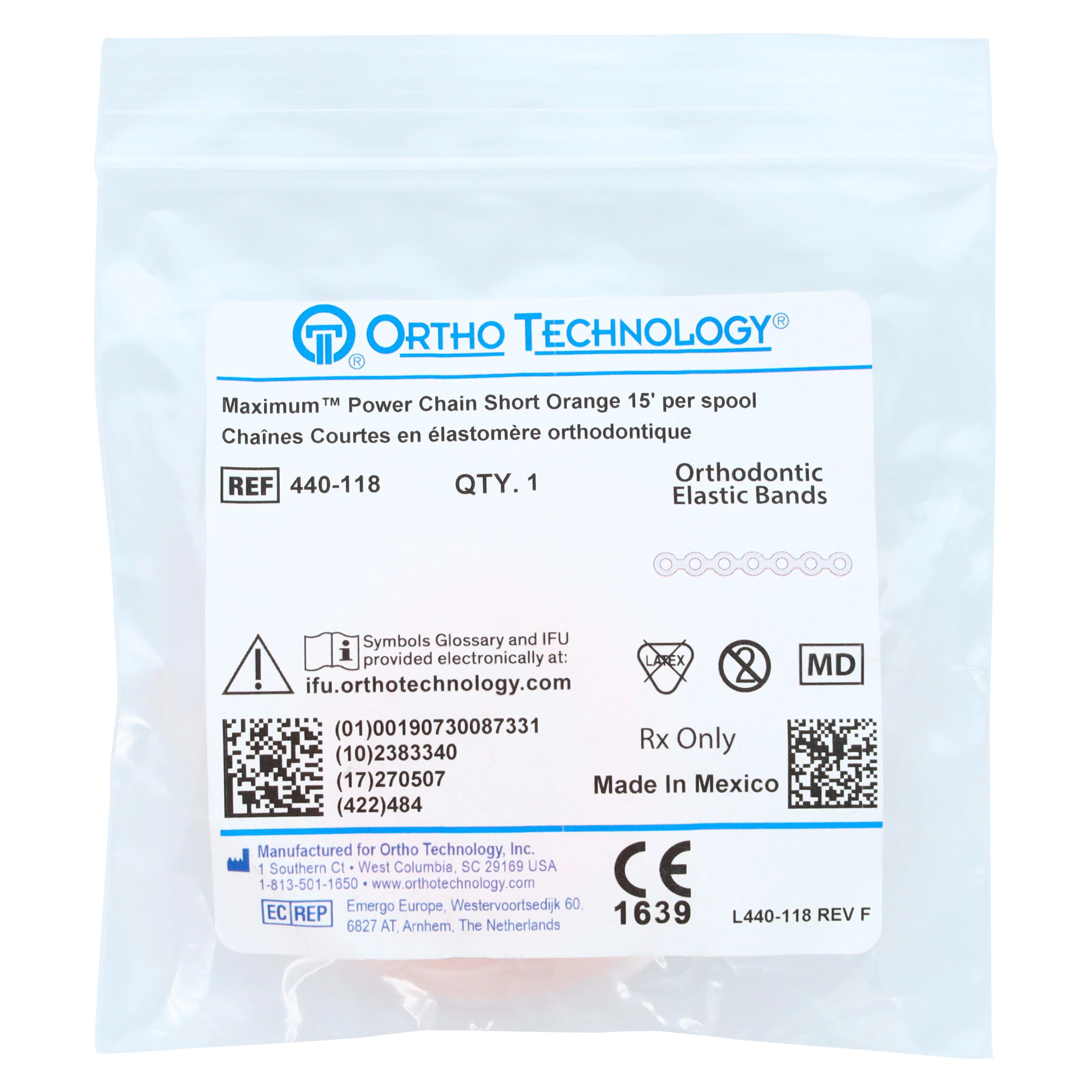Ortho Technology Maximum Short Power Chain on Spools, 15' Spool, Orange, 440-118 thumbnail 3