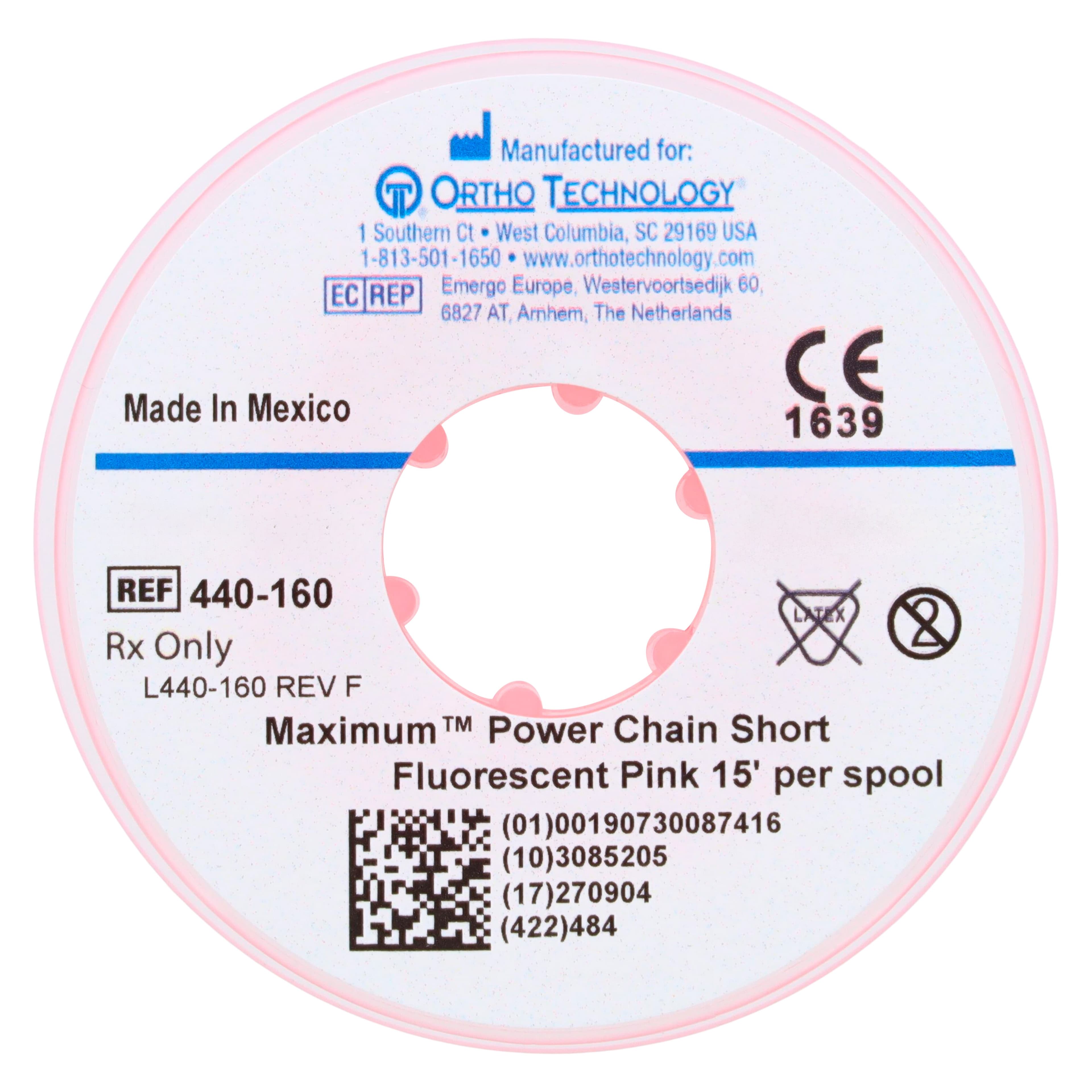 Ortho Technology Maximum Short Power Chain on Spools, 15' Spool, Fluorescent Pink, Latex-Free thumbnail 2