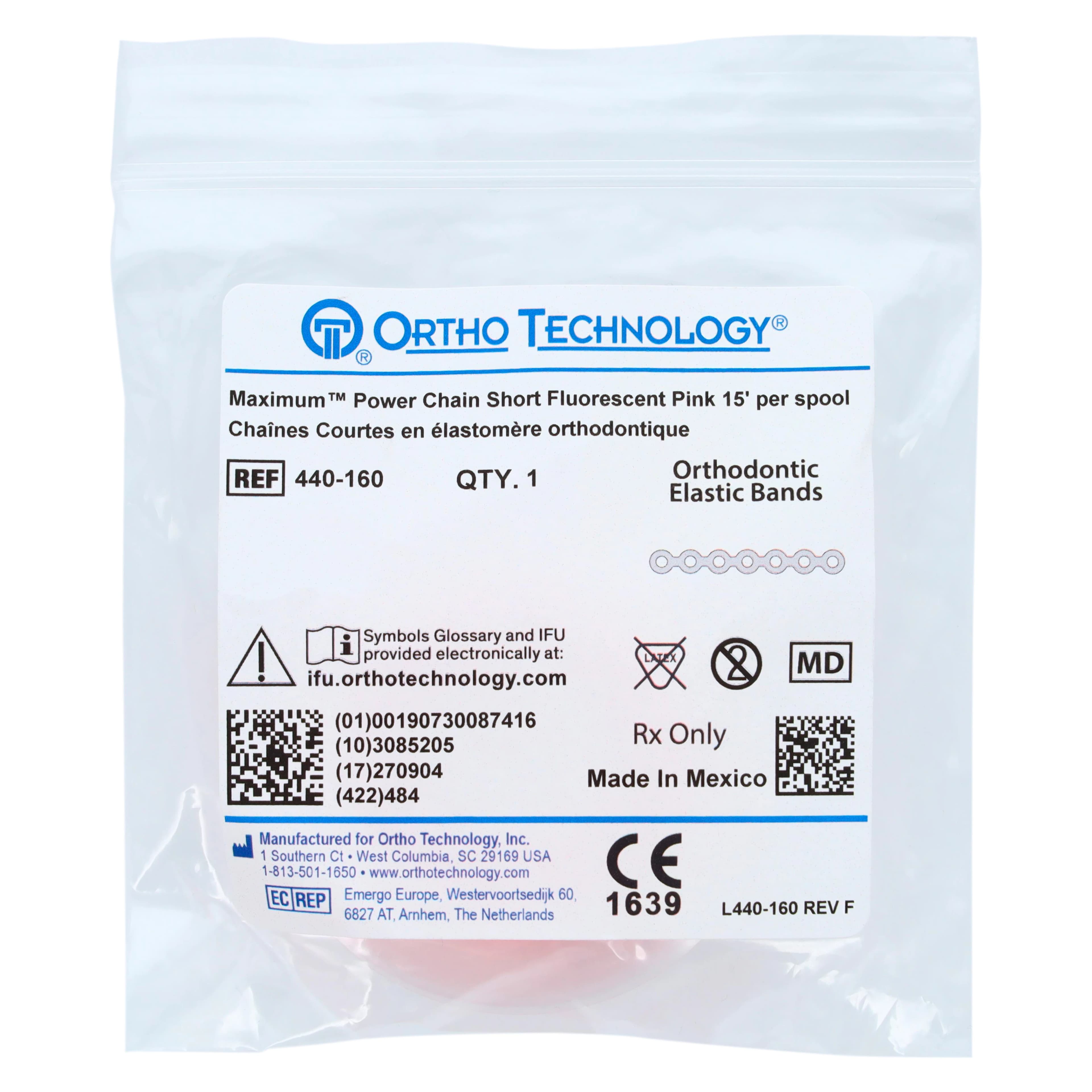 Ortho Technology Maximum Short Power Chain on Spools, 15' Spool, Fluorescent Pink, Latex-Free thumbnail 3
