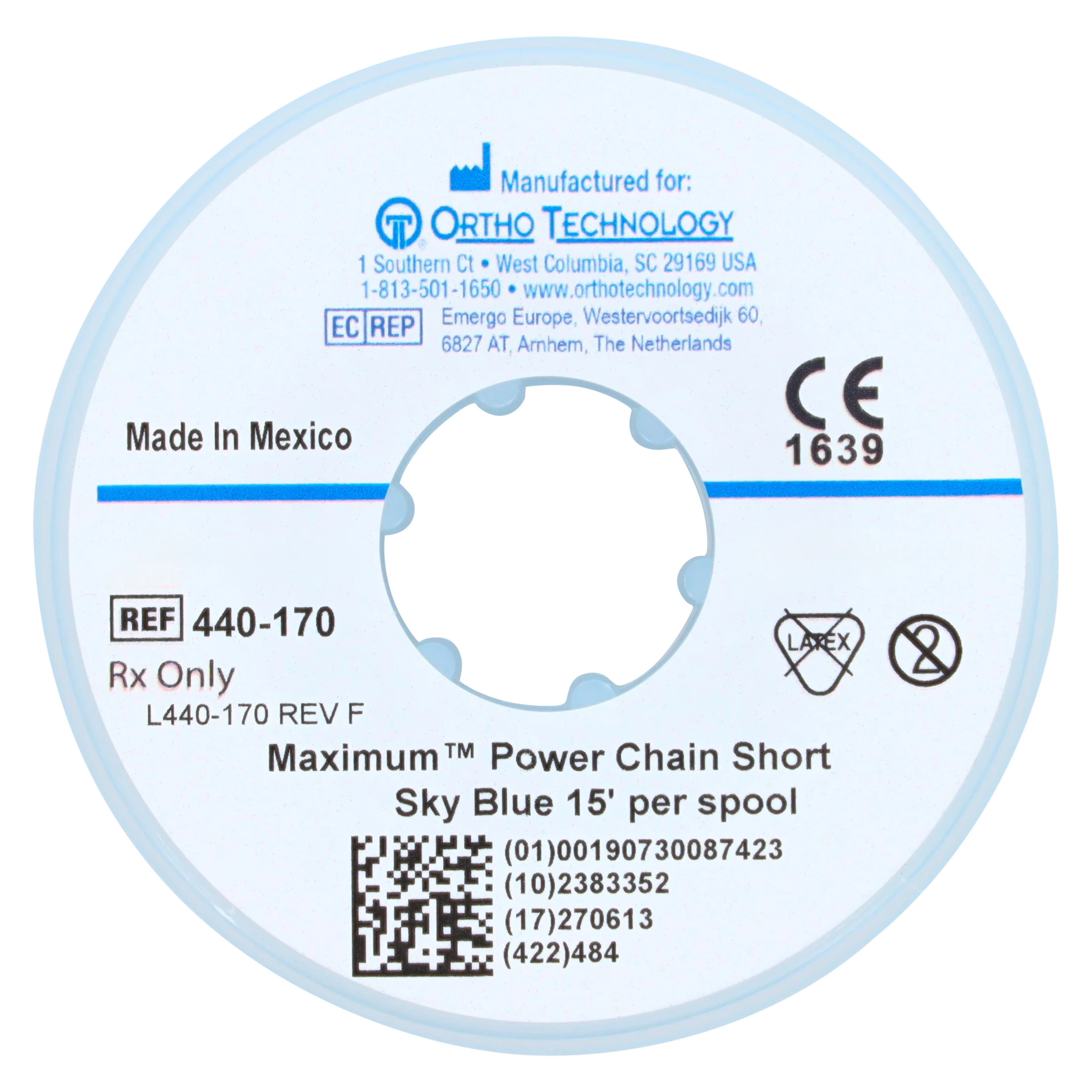 Ortho Technology Maximum Short Power Chain on Spools, 15' Spool, Sky Blue, Latex-Free, 440-170 thumbnail 2