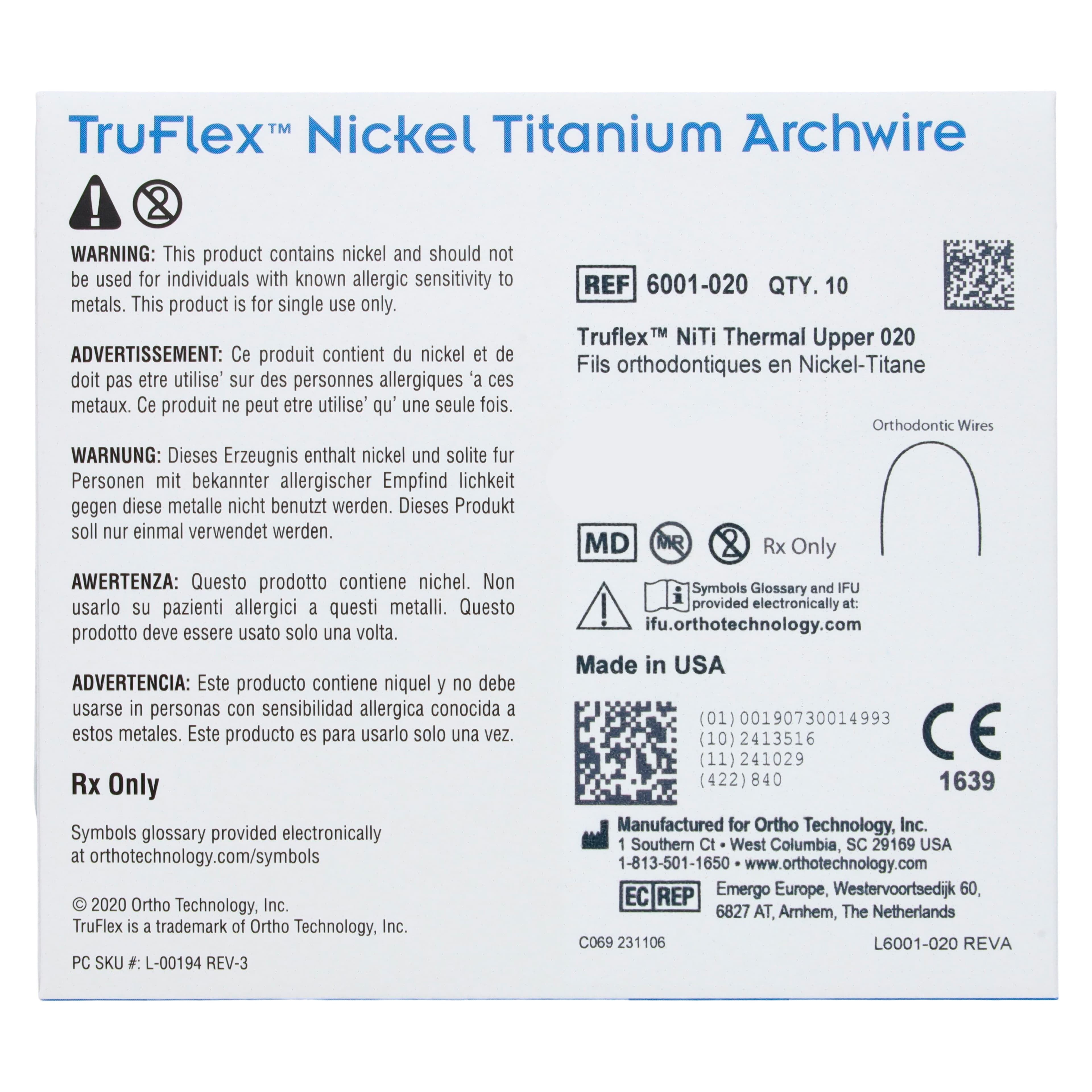 TruFlex Thermal Nickel Titanium Full Form Round Etched Archwire, Upper, .020", 10/Pkg, 6001-020 thumbnail 3