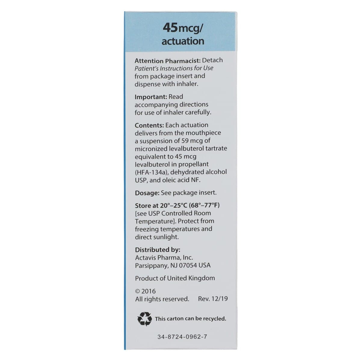 Levalbuterol Tartrate HFA Inhalation Aerosol, 200 Metered Doses, 15g Inhaler thumbnail 5