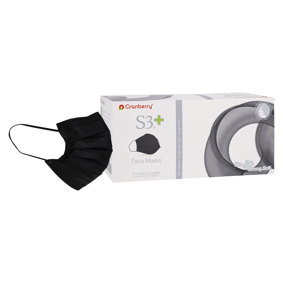 Cranberry S3+ ASTM Level 3 Procedure Face Mask, Black, Ear Loop, 50/Box, S3160K thumbnail 2