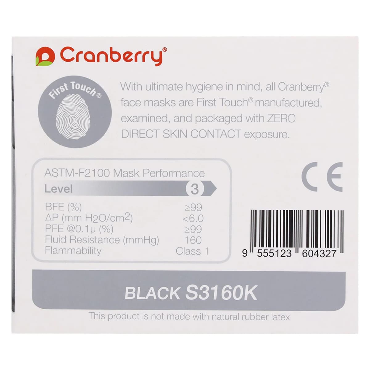 Cranberry S3+ ASTM Level 3 Procedure Face Mask, Black, Ear Loop, 50/Box, S3160K thumbnail 7