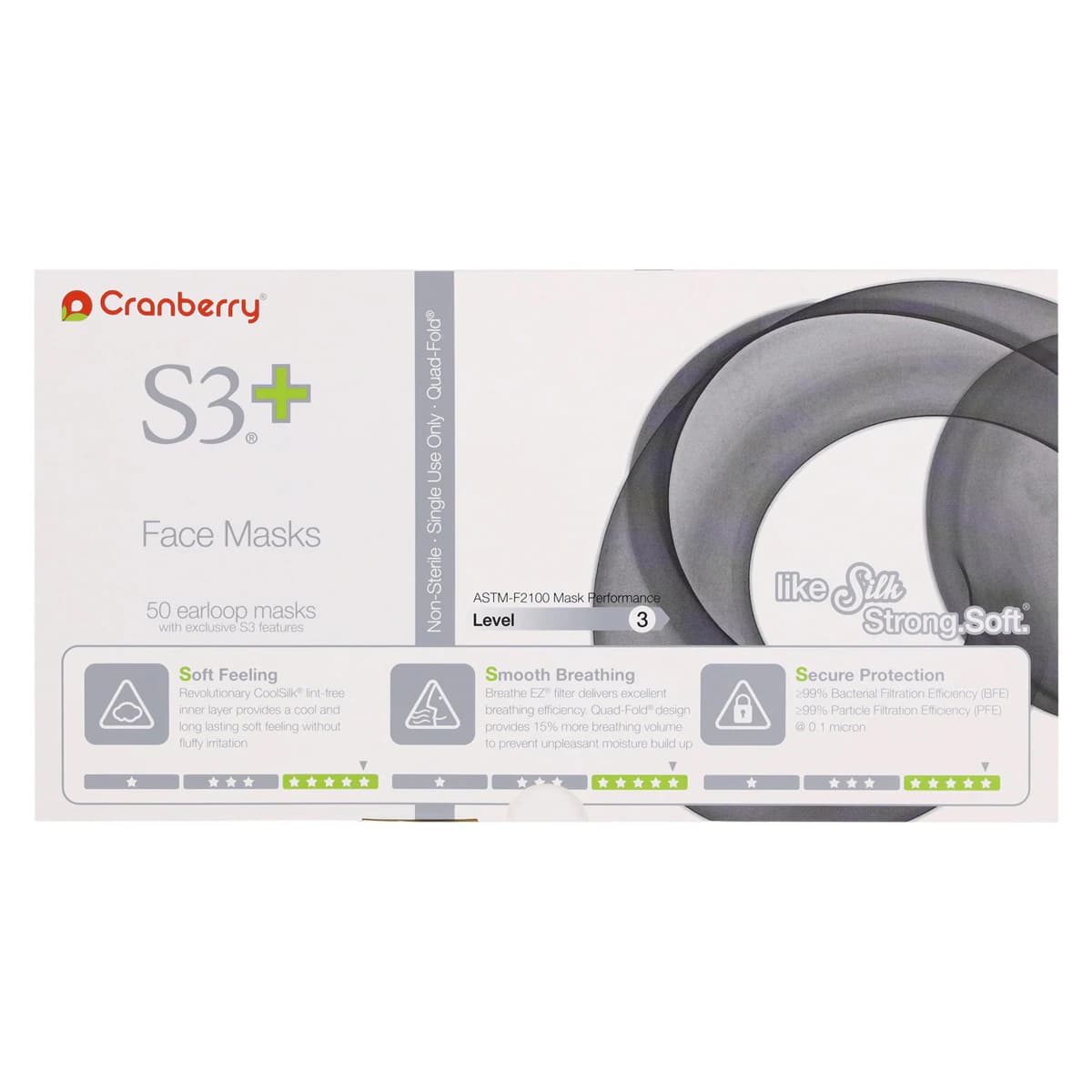 Cranberry S3+ ASTM Level 3 Procedure Face Mask, Black, Ear Loop, 50/Box, S3160K thumbnail 9
