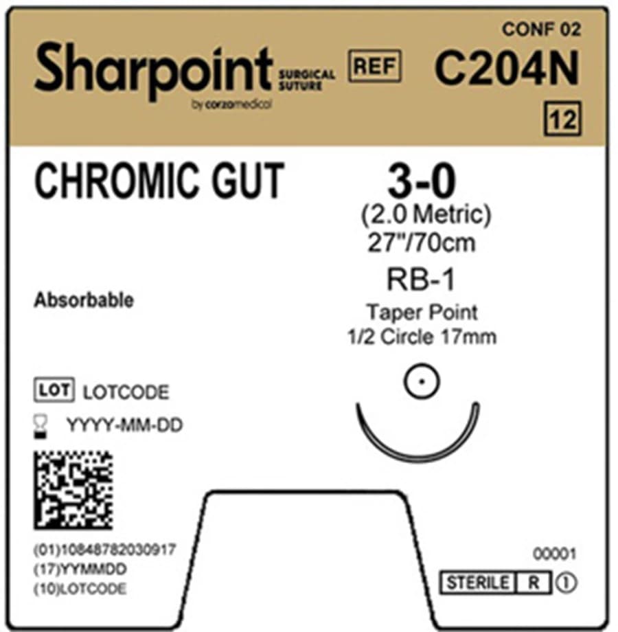 Sharpoint Plus Chromic Gut Suture, 3-0, 27", RB-1 Taper Point 1/2 Circle 17mm, Coated Natural, 12/Box - Suture Chromic Gut Taper Point - Image 1