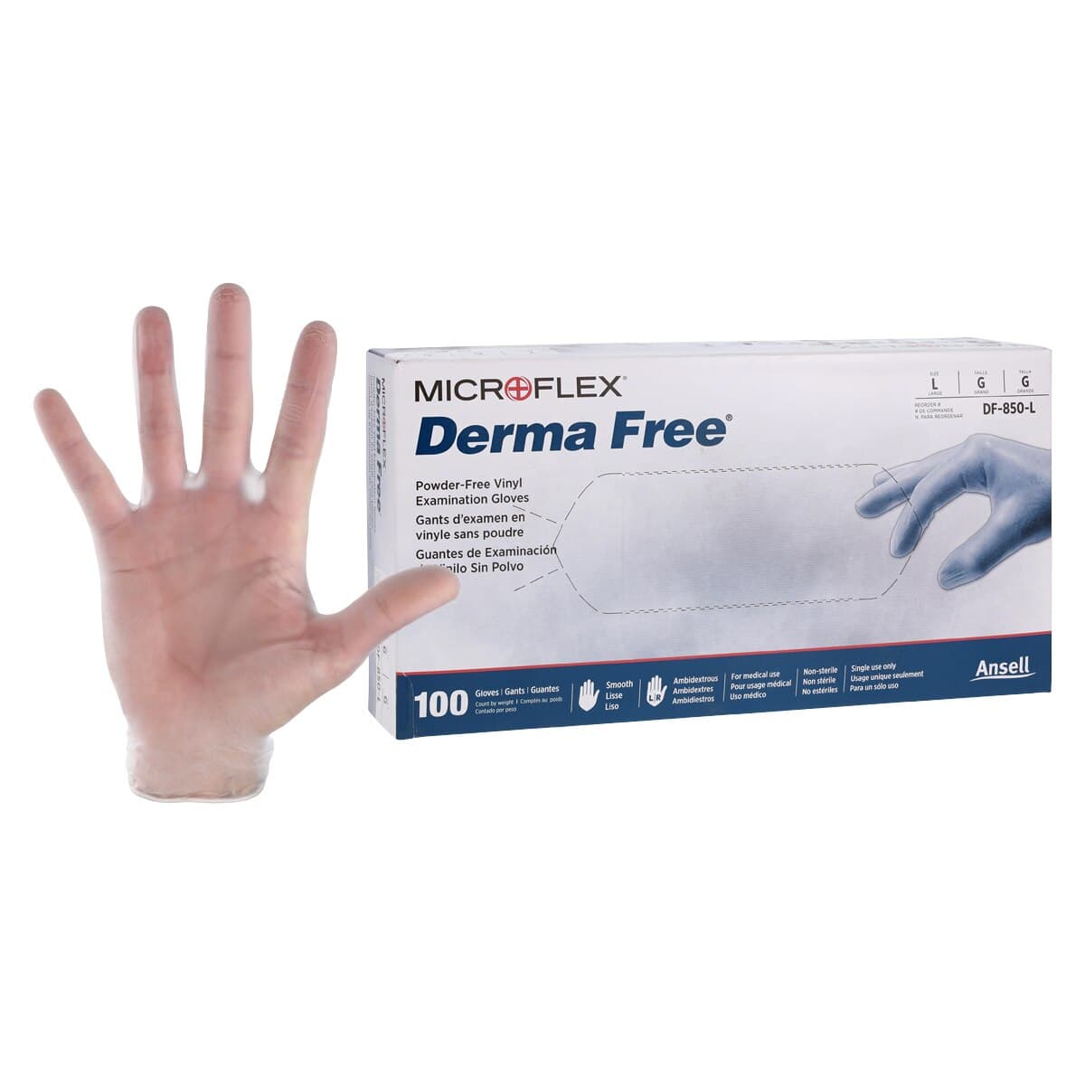 Microflex Derma Free PF Vinyl Exam Gloves, Large, Clear, Non-Sterile, 100/Box thumbnail 2