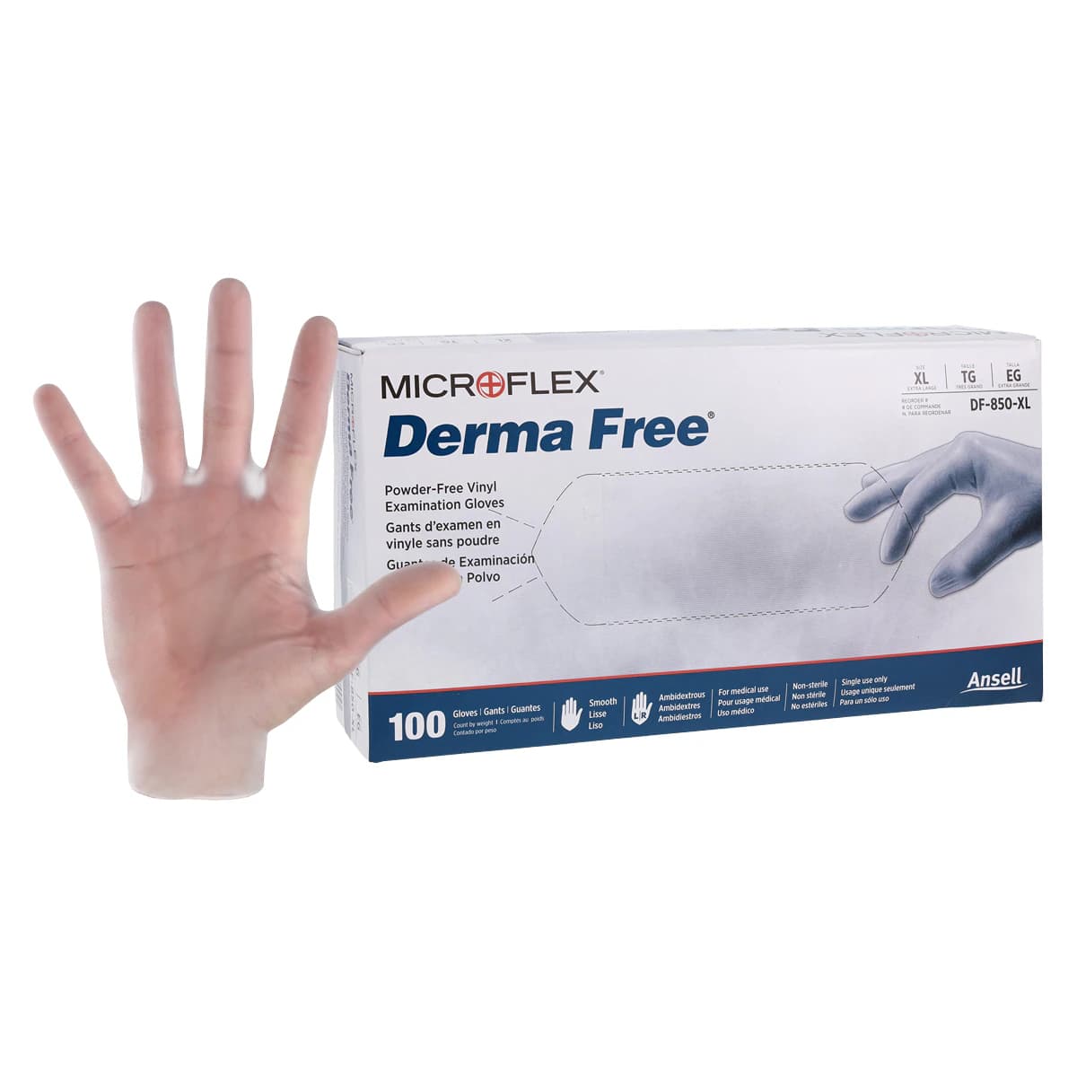 MICROFLEX Derma Free PF Vinyl Examination Gloves, Powder Free, Non-Sterile, X-Large, Clear, 100/Box - Derma Free PF Vinyl Glove - Image 1