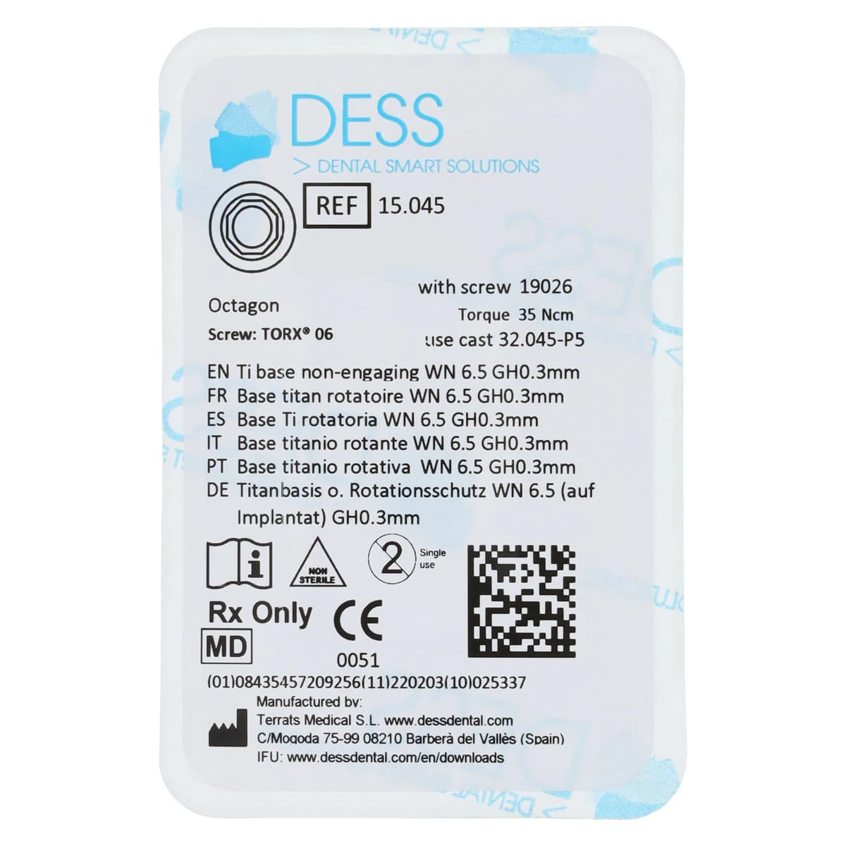 DESS TiBase Non-Engaging Titanium Base for Straumann Tissue Level, 4.8/6.5mm, Internal Octagon, WN, 1 Each - TiBase NEng STROCT WN - Image 1