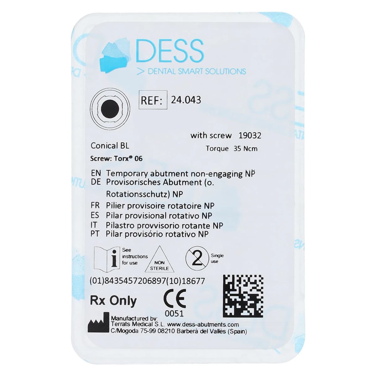 DESS Temporary Abutment Non-Engaging NP - Conical Bone Level, Titanium, 3.3mm, Straumann Compatible, 1 Each - Temp Abt NEng STRBL NC - Image 1