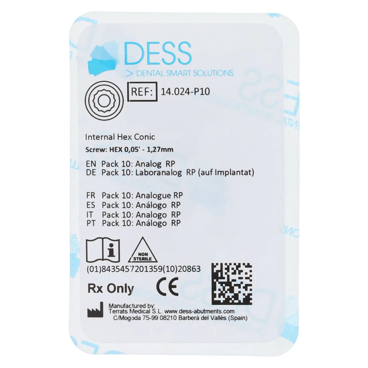 DESS Analog RP on Implant Internal Hex Conic Anodized Blue, Platform 3.5/4.0, Aqua, Pack of 10 - Analog RP on Implant Internal Hex Conic Anodized Blue Pack of 10 - Image 1