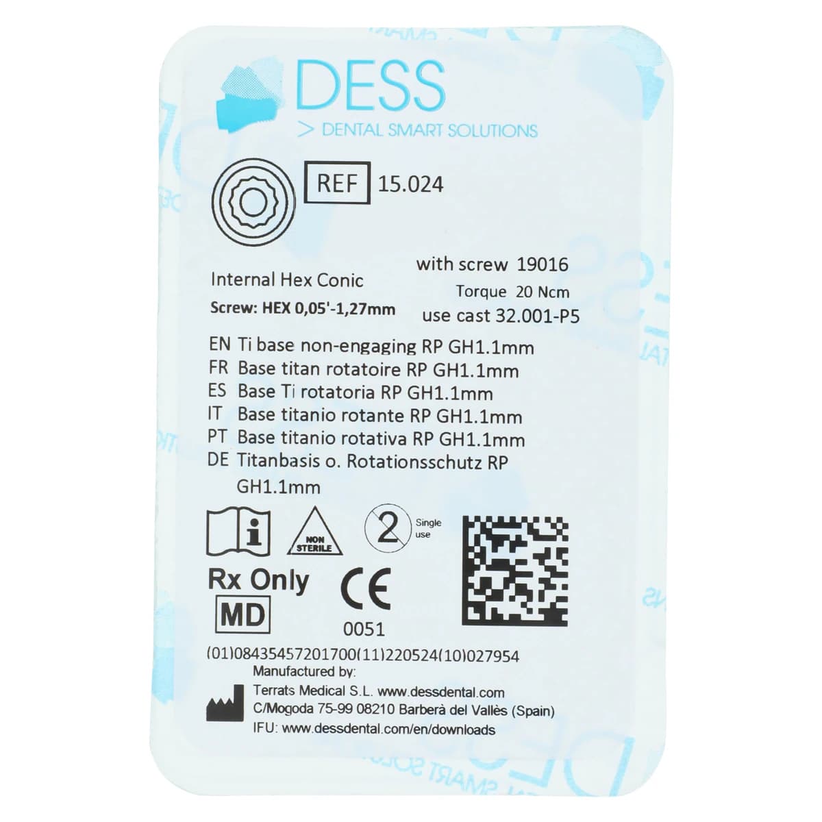 DESS Ti Base Non-Engaging RP 3.5-4.0mm GH1.1mm - Internal Hex Conic (Astra Osseospeed) - TiBase NEng AstraAqua 1.1mm - Image 1