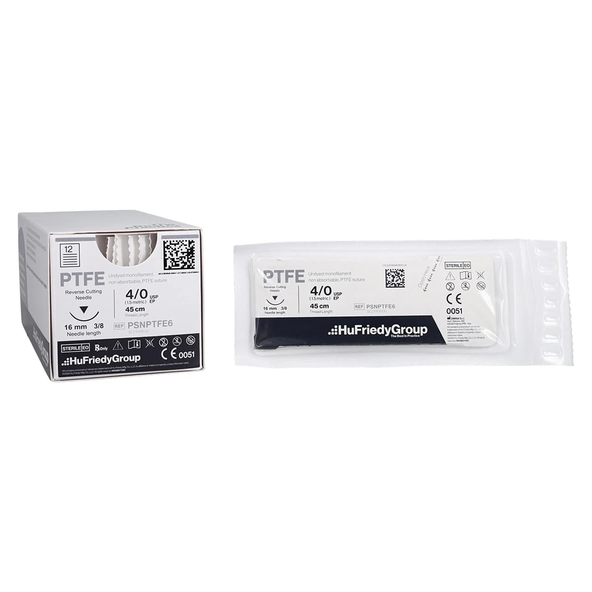 Hu-Friedy Perma Sharp PTFE Monofilament Suture, 4-0, White, 18" (45cm), C-22 Reverse Cutting 3/8 Circle Needle, 12/Box, PSNPTFE6 - HF Perma Sharp Sutures 4-0 PTFE White 18" C-22 3/8 Circle RC - Image 1