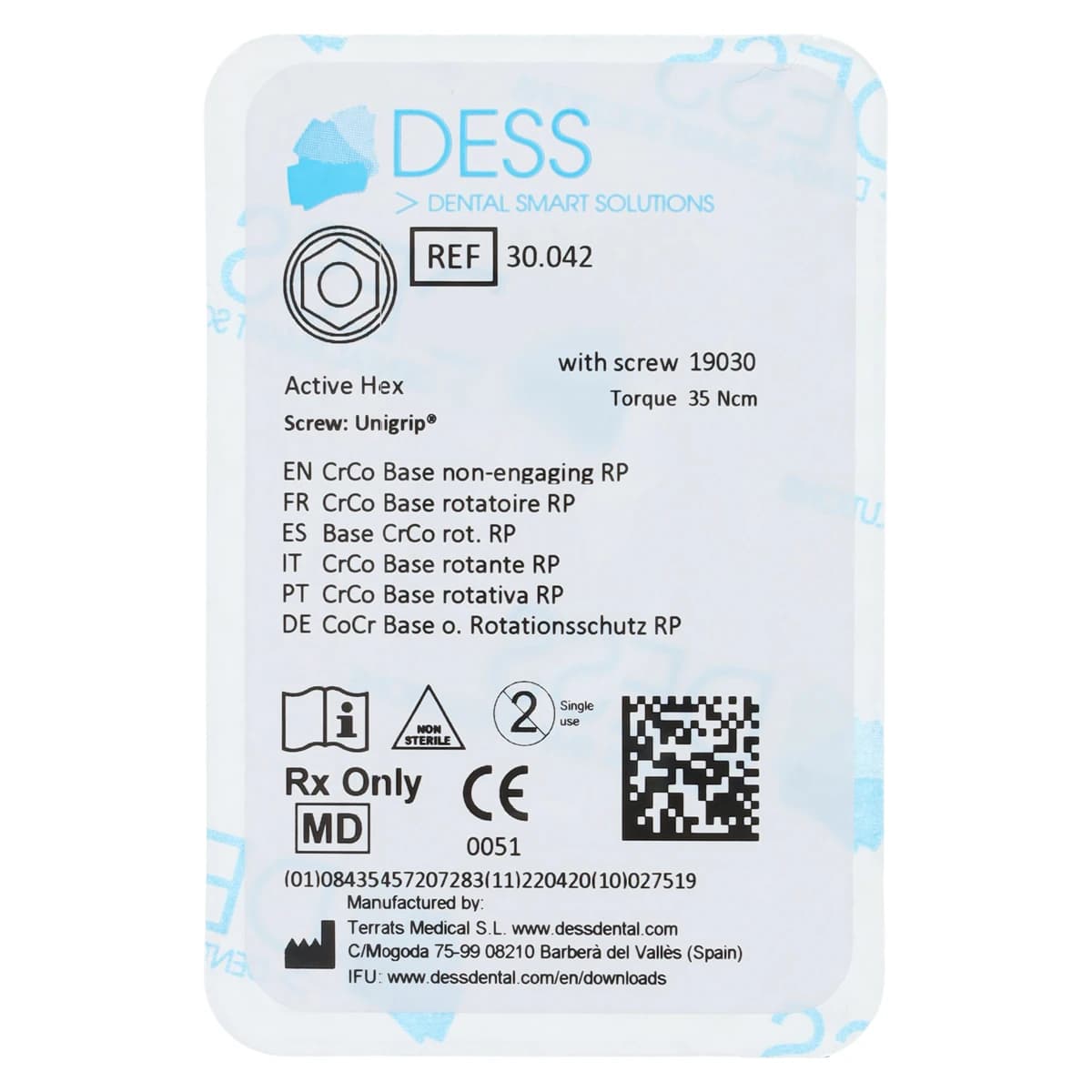 DESS Chrome Cobalt Non-Engaging Base for Nobel Active, RP + Screw, Hex, 4.3/5.0, Each - CrCo Base Eng NBCC 4.3 RP - Image 1