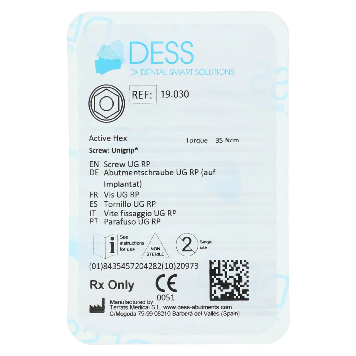 DESS Screw UG RP/WP - Hex Active, Final Screw for Nobel Active (4.3/5.0/5.5), Each - Screw Abt NBCC RP/WP UG - Image 1